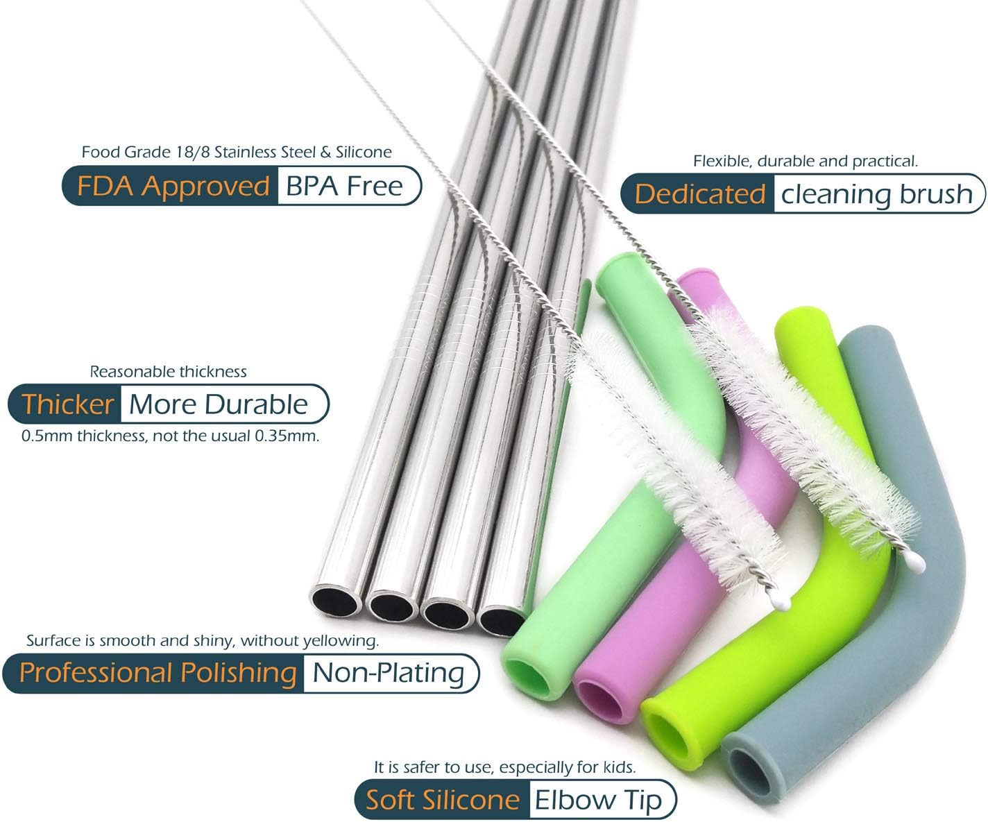 Big Drinking Straws Reusable 13" Extra Long 8mm Extra Wide Food-Grade 18/8 Stainless Steel Silicone Elbows Tips for Smoothie Milkshake Cocktail Juice Hot Drinks - Set of 4 + 2 Cleaning Brushes