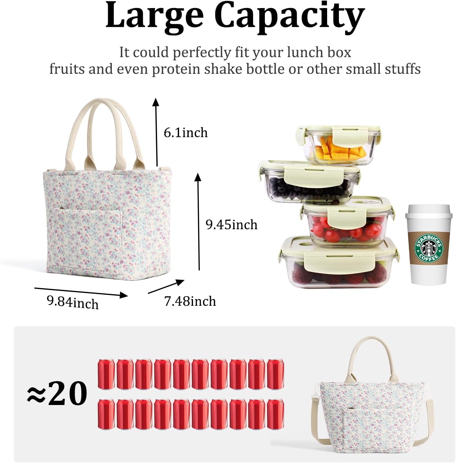 Lunch Bag for Women Adult Large Insulated Lunch Box Girl Cute Corduroy Lunch Tote Bags Reusable Leakproof Cooler Work Picnic - Image 2