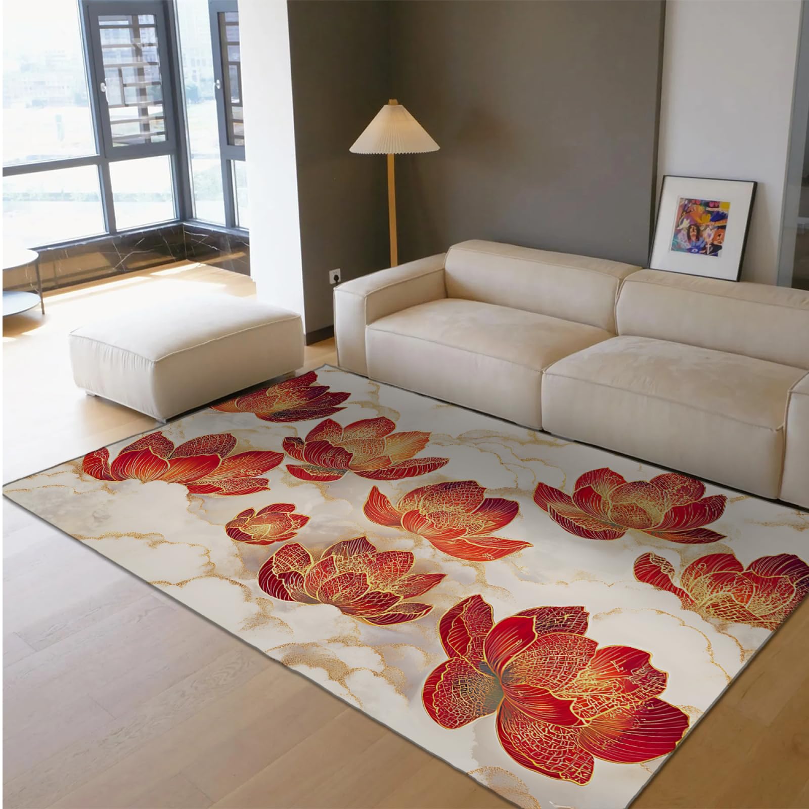 Orientalischer Retro-Teppich Maschinenwaschbarer Goldener roter Lotus und weißer Wolkenteppich für Küche Esszimmer Wohnzimmer niedriger Flor 100x150cm