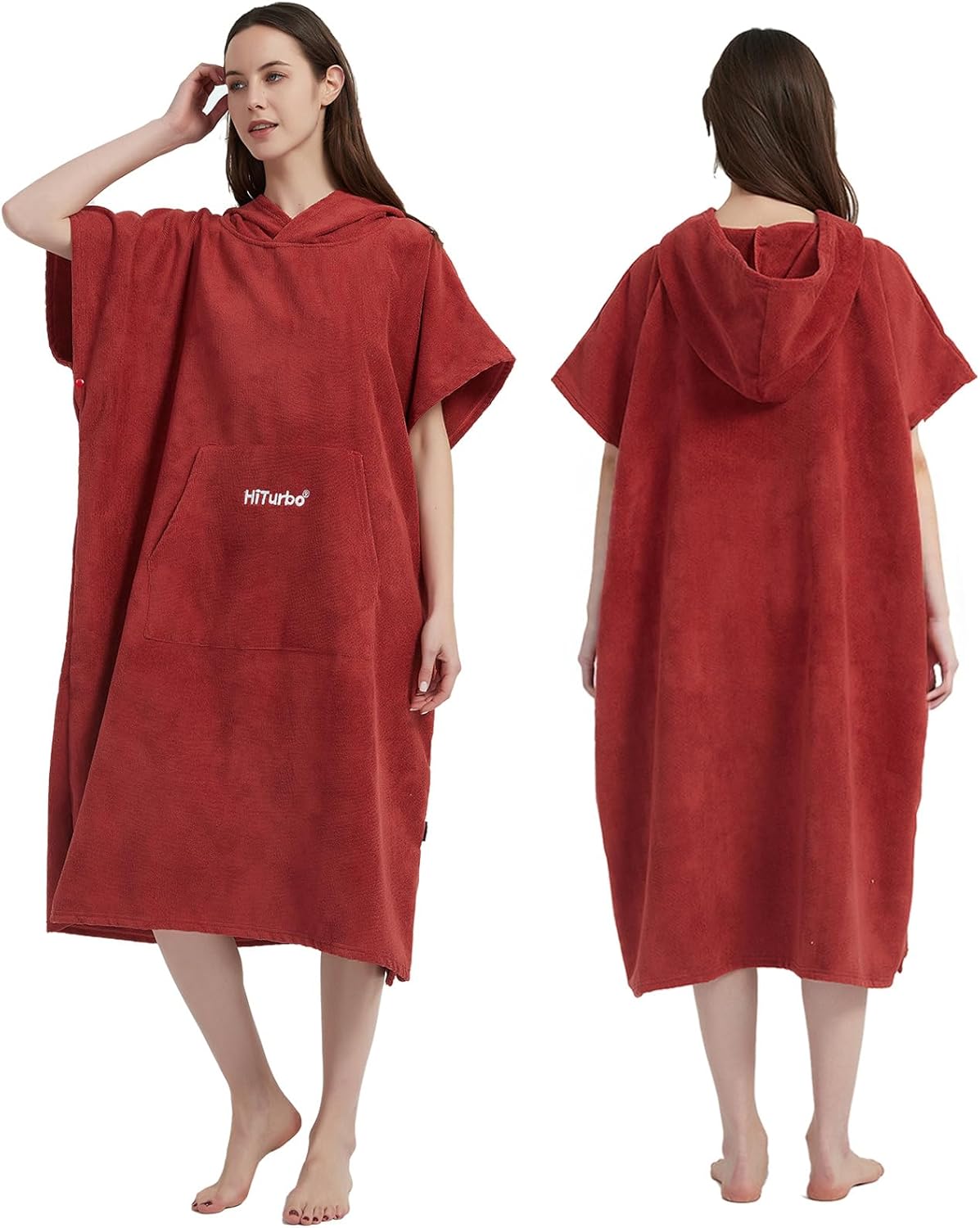 Hiturbo Changing Towel Robe, Absorbent Hooded Surf Poncho Quick-Dry Blanket Towels with Front Pocket for Swiming Surfing Aquatics One Size Unisex (Red)