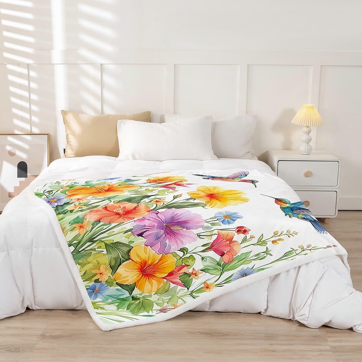 Erosebridal Tropical Birds Throw Blanket 40"X50",Hummingbird Fleece Blanket Botanical Floral Print Sherpa Blanket for Kids Boys Girls Teens Room Decor,Colorful Flowers Garden Flannel Blanket