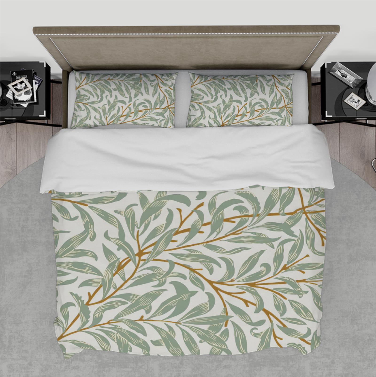 FEIPUHOME Art William Morris Style Bedding Set with 2 Pillow Shams Ultra Soft Duvet Cover for Women Girls Retro Rustic Plant Leaves Pattern Theme Double