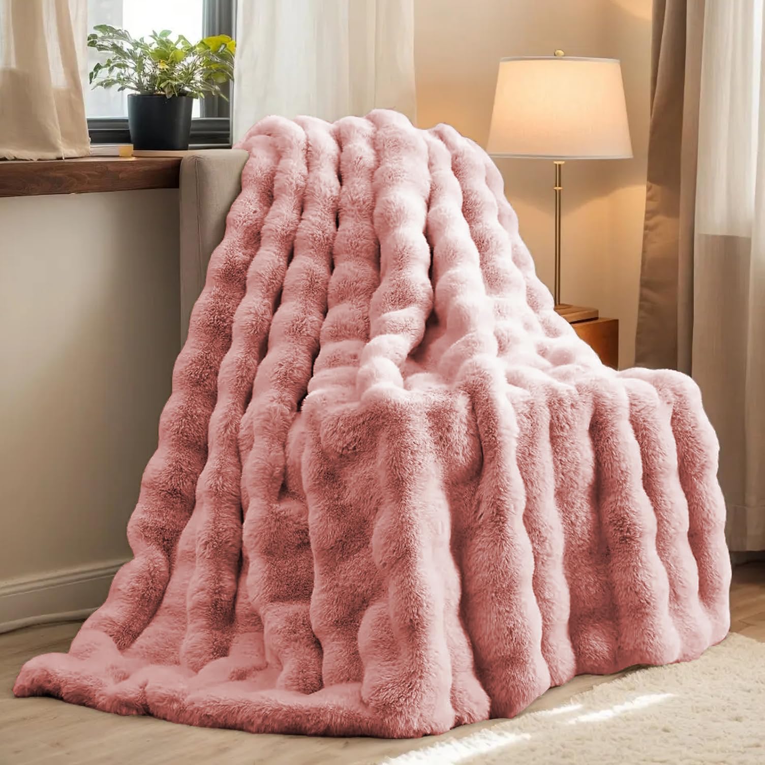 H&D Faux Fur Throw Blanket for Couch,Fluffy Cozy Soft Plush Luxury Thick Fuzzy Fleece Blanket for Couch Bed Sofa Bedroom Living Room,Comfy Bubble