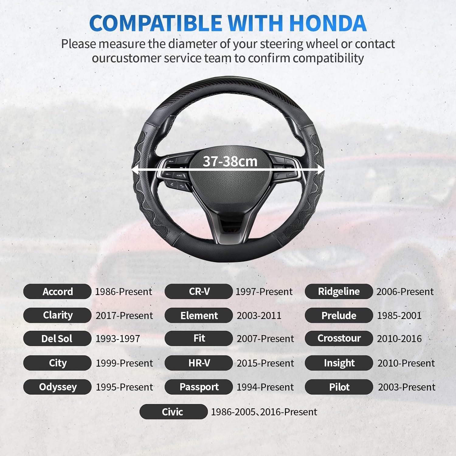 Car Steering Wheel Cover for Honda Accord CR-V Clarity HR-V Insight Odyssey Passport Pilot Civic Ridgeline City Fit Crosstour, Universal Standard Size 14.5-15 inch Black Car Wheel Protector