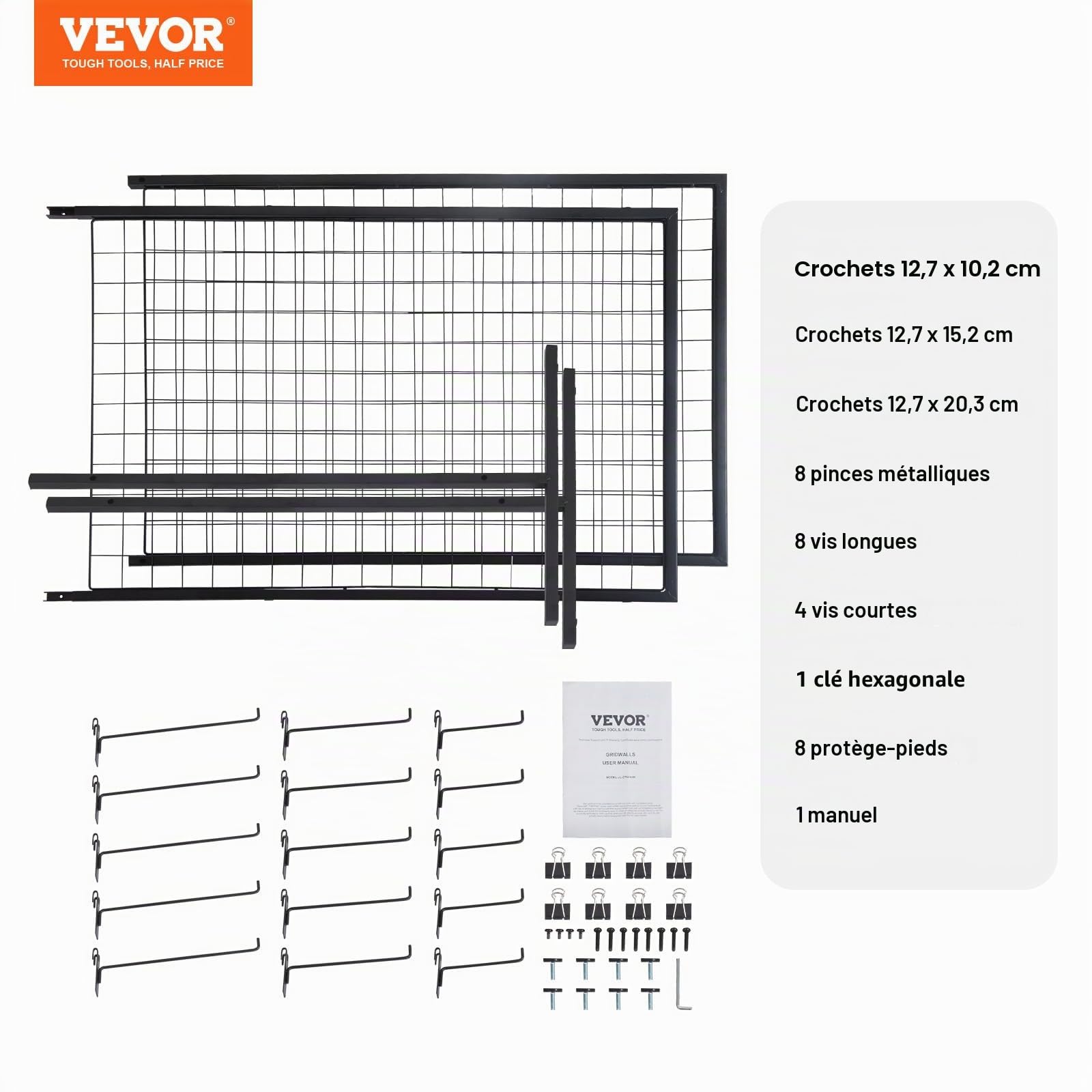 VEVOR Grille d’Exposition sur Pied 2 PCs Panneau Grille en Acier 617x1716 mm Charge 27 kg Présentoir Grillage sur Pied Accessoires Complets Installation Facile pour Affichage Présentation Photo Mémo