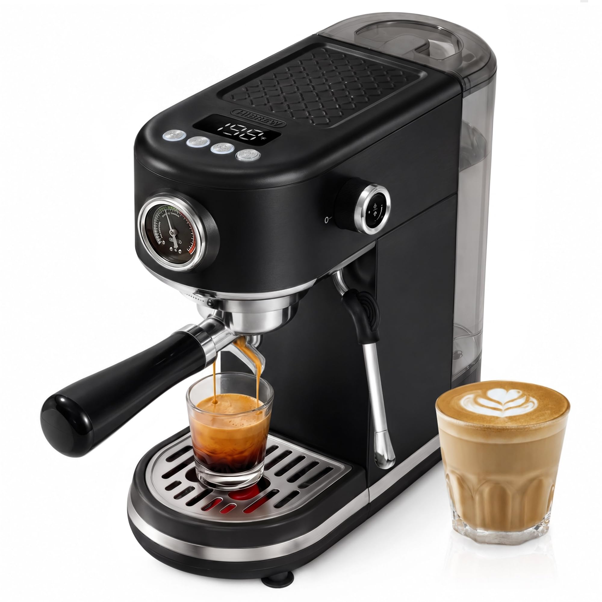 HIBREW H10B Máquina de Espresso Programable con Pantalla LED y Manómetro | Cafetera Compacta de Acero Inoxidable 20 Bar con Espumador de Leche, Portafiltro 51mm para Capuchino y Latte