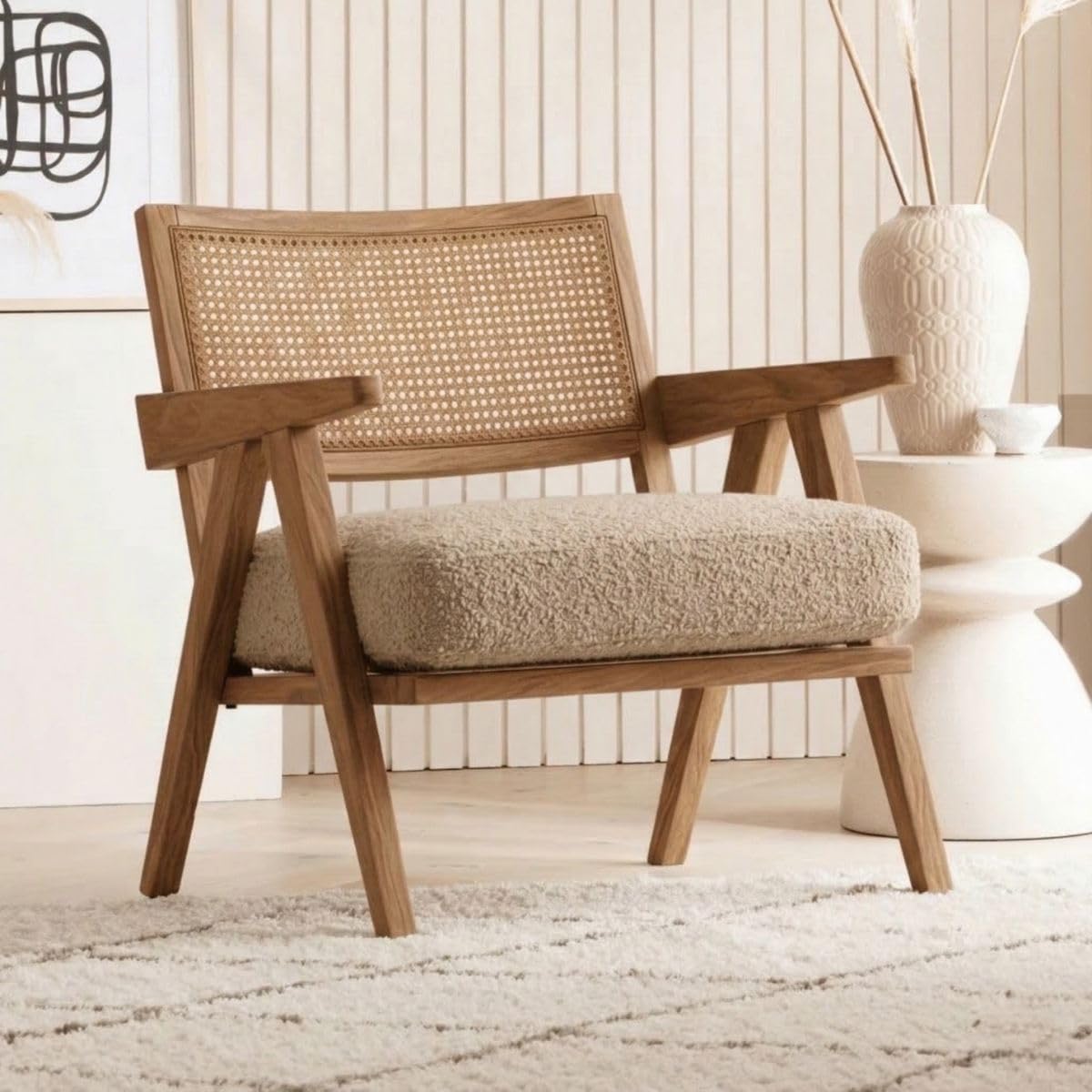 Kingsman Furnitures ABEL Rattan Teak Wood Accent Arm Chair for Home Bedroom, Living, Dining, Drawing Room | Ultra Soft and Comfortable for Stress Free | Removable Cushion (KF-Bronx-Canaberra-Boucle)-image-3