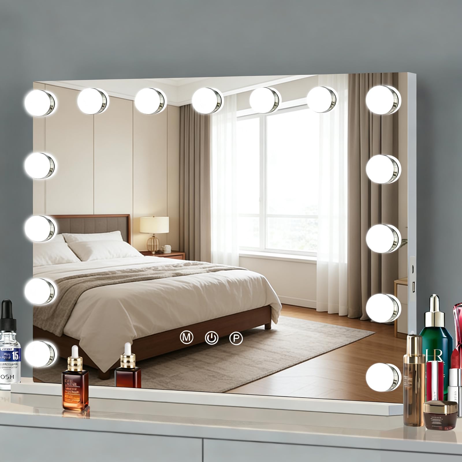 Ruication Hollywood Vanity Mirror with Lights, 58×48cm Large Lighted Makeup Mirror with 15 Dimmable Bulbs, 3 Color Modes, Touch Screen Control, Tabletop or Wall Mounted Cosmetic Mirror For Bedroom