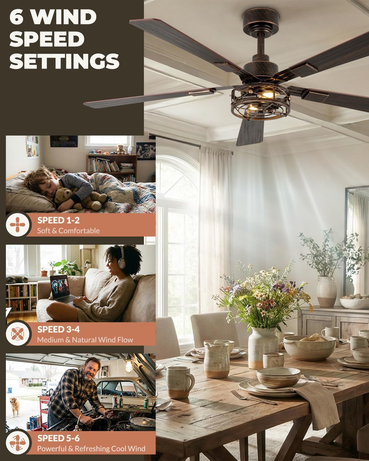 52 Inch Farmhouse Ceiling Fans with Lights, Caged Ceiling Fan with Remote Control, Quiet and Reversible DC Motor, 6-Speed 5 Blades House Ceiling Fan for Kitchen, Living Room, Black and Gold Color