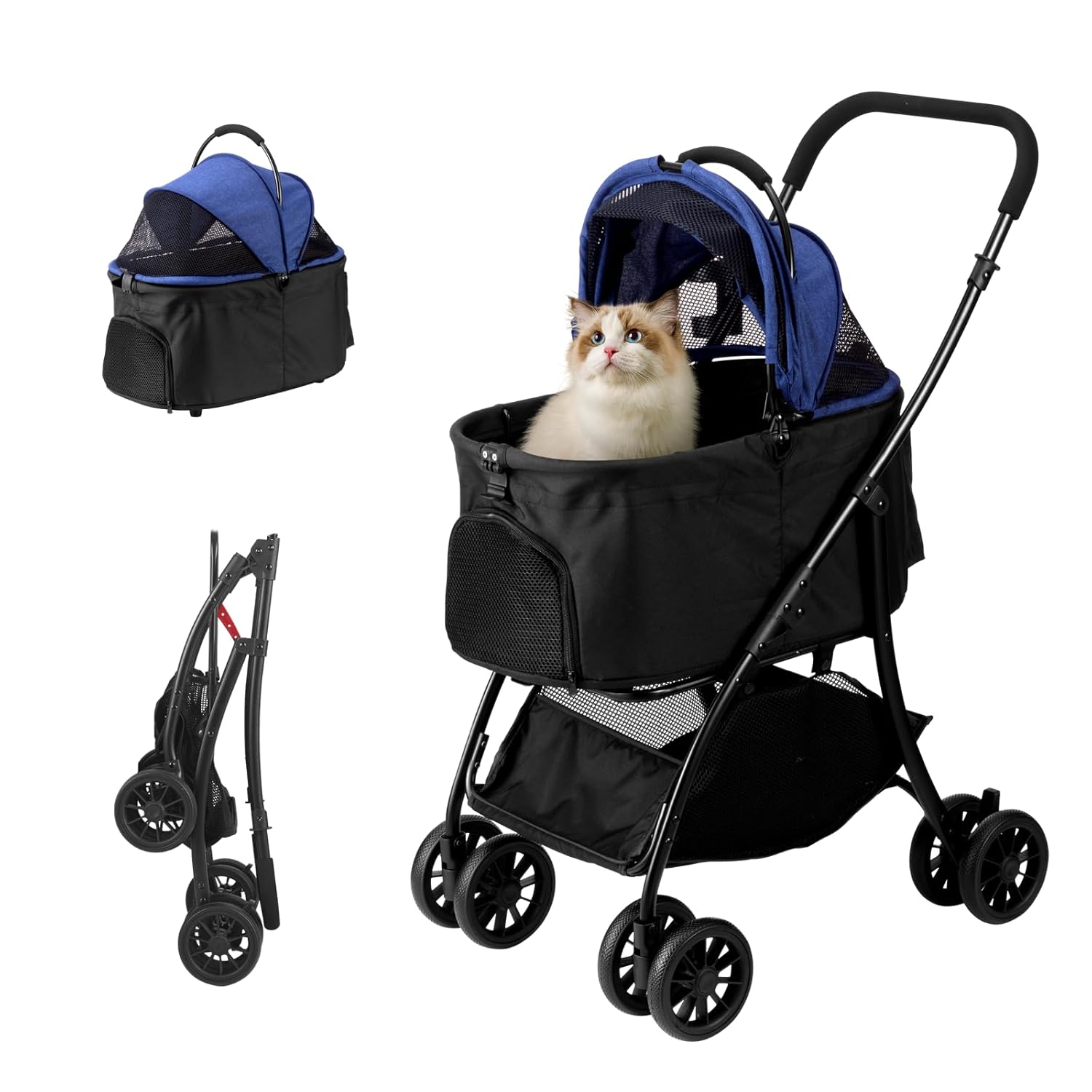 Pet Stroller Quickly Folds for Easy Storage Cat Stroller with Detachable Carrier Thickened Oxford Cloth Breathable Basket Dog Strollers for Small Dogs (Blue)