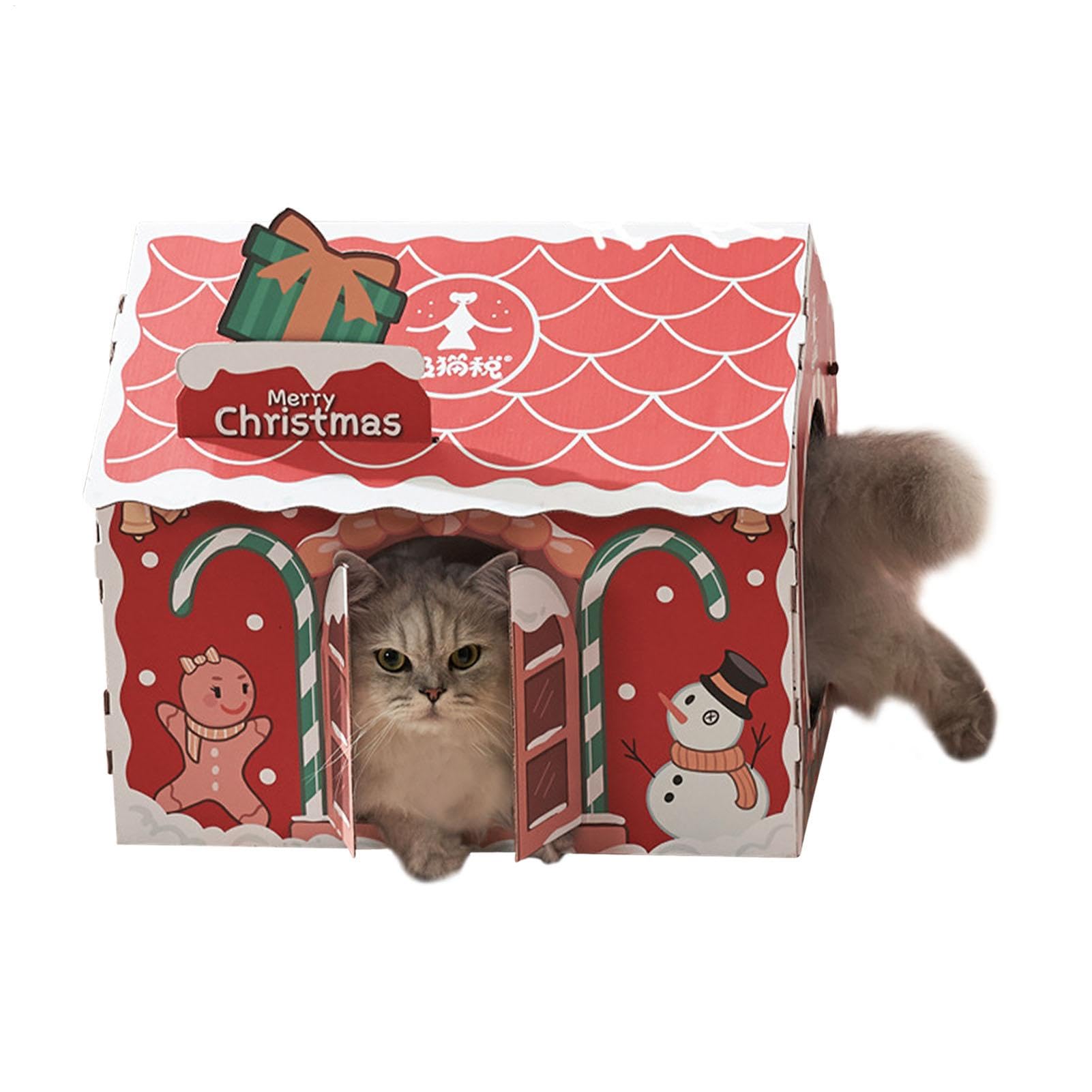 Walopola Christmas Cat Playhouse, Cats Play Shelter House, Cardboard cat House, Cat House Scratcher Cardboard, Christmas Cardboard Cat House with Catnip, Cat Bed for Indoor Cats, Cat Scratching Toy