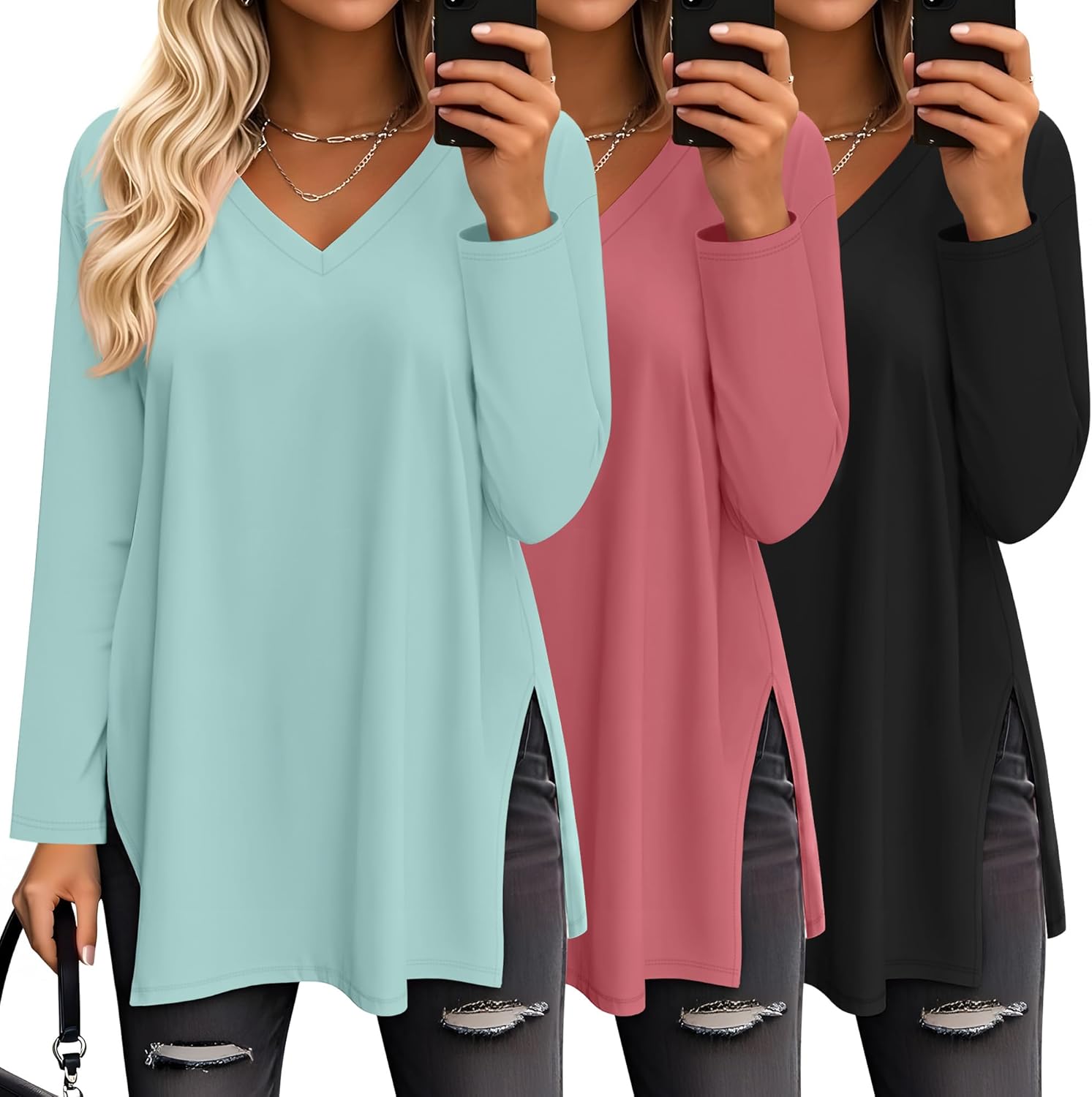 Huukeay 3 Pack Womens Oversized Long Sleeve T Shirts V Neck Knit Casual Workout Tunic Tops Side Split Loose Basic Tees