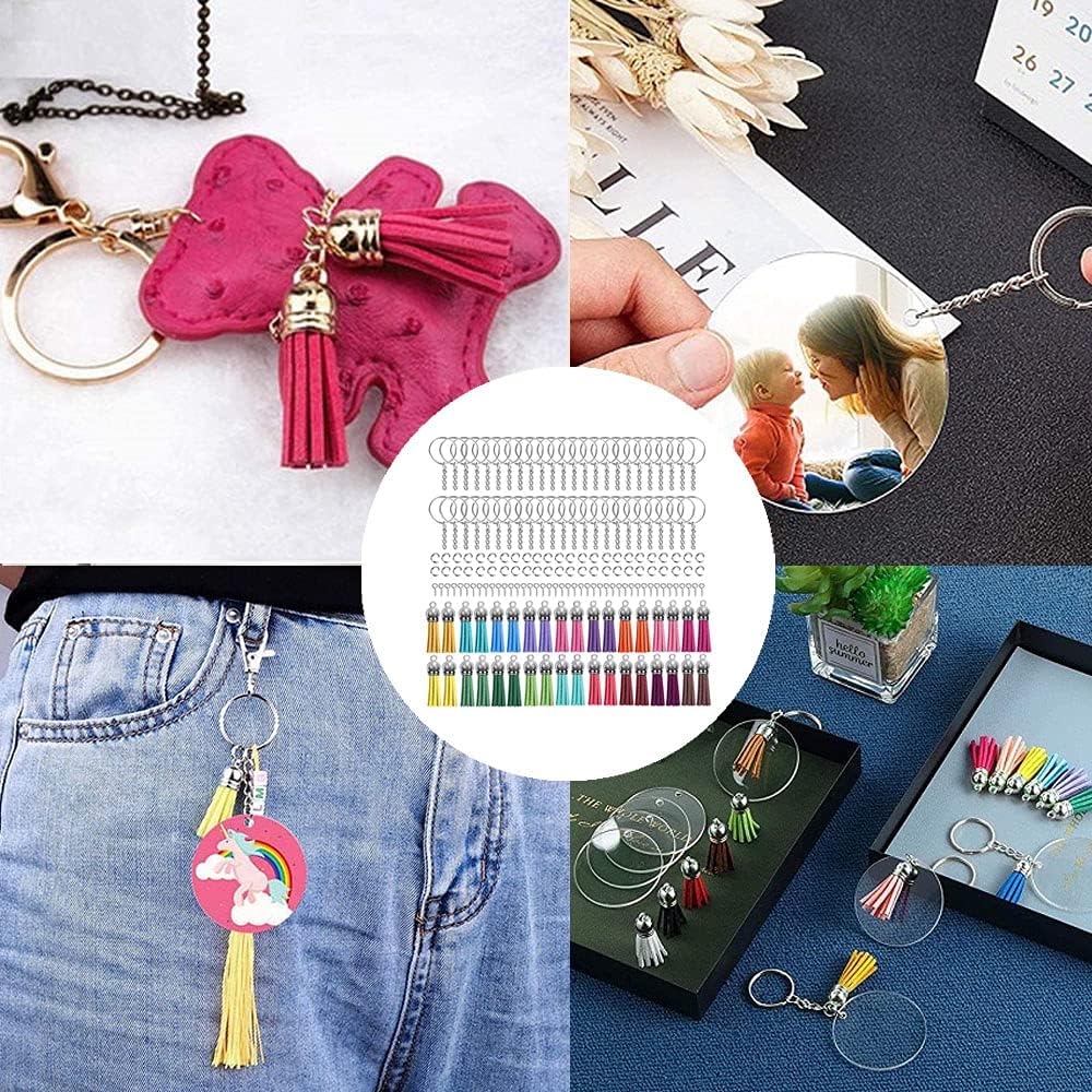 Keychain Tassels, 220 Pcs Bulk Keychain Rings Set with 50Pcs Keychain Tassels, 50Pcs Key Rings with Chain, 60pcs Screw Eye Pins and 60 Pcs Jump Rings, for Keychain DIY Crafting