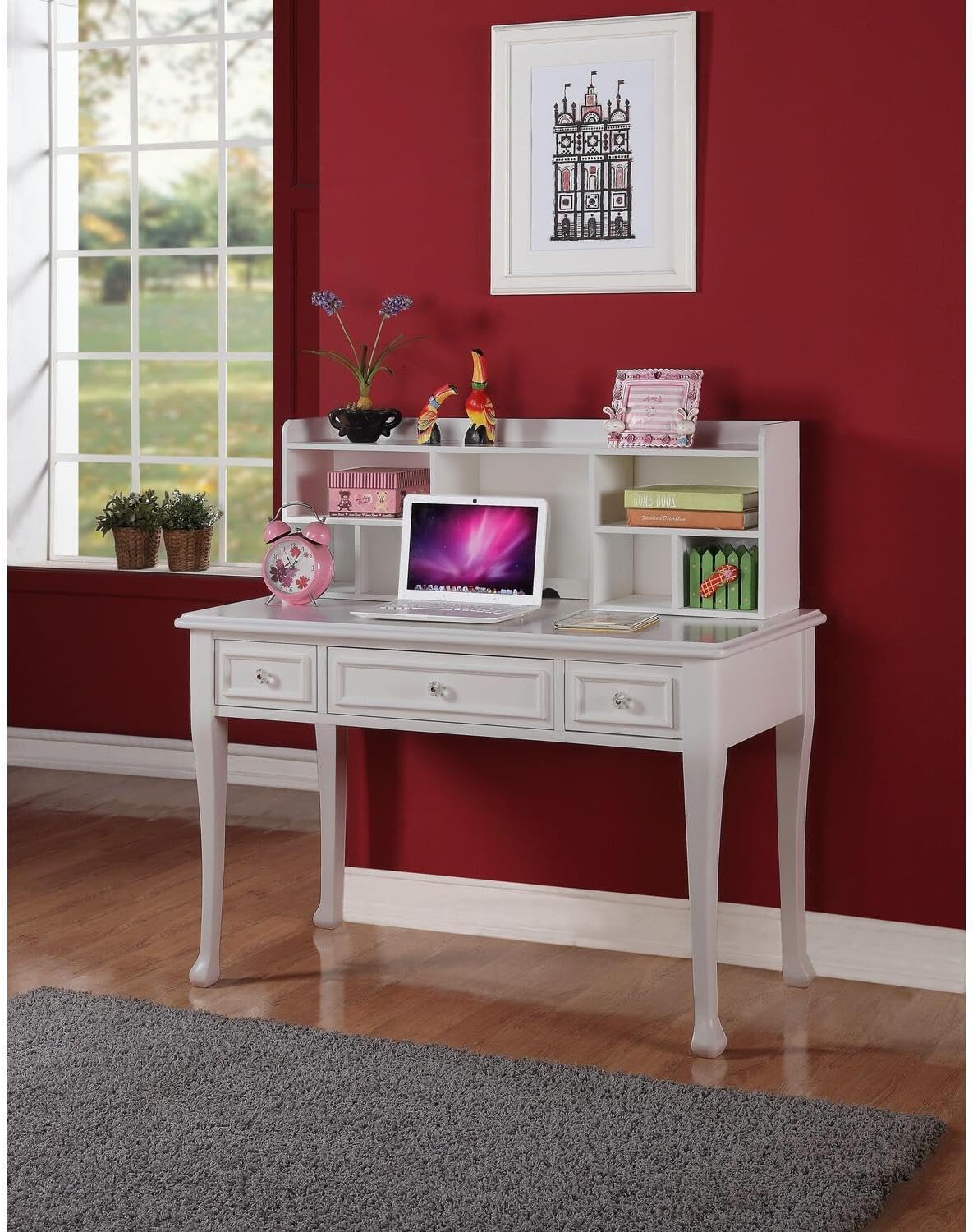 Maykoosh White Desk with Hutch & 3 Drawers - 52" Desk with Shelves - Home Office Computer Desk