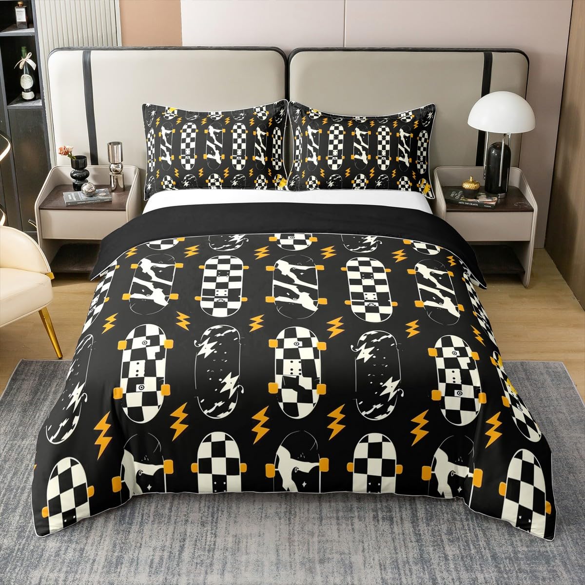 Ropa de cama de algodón de ajedrez juvenil 135x200 monopatín negro blanco Homewish