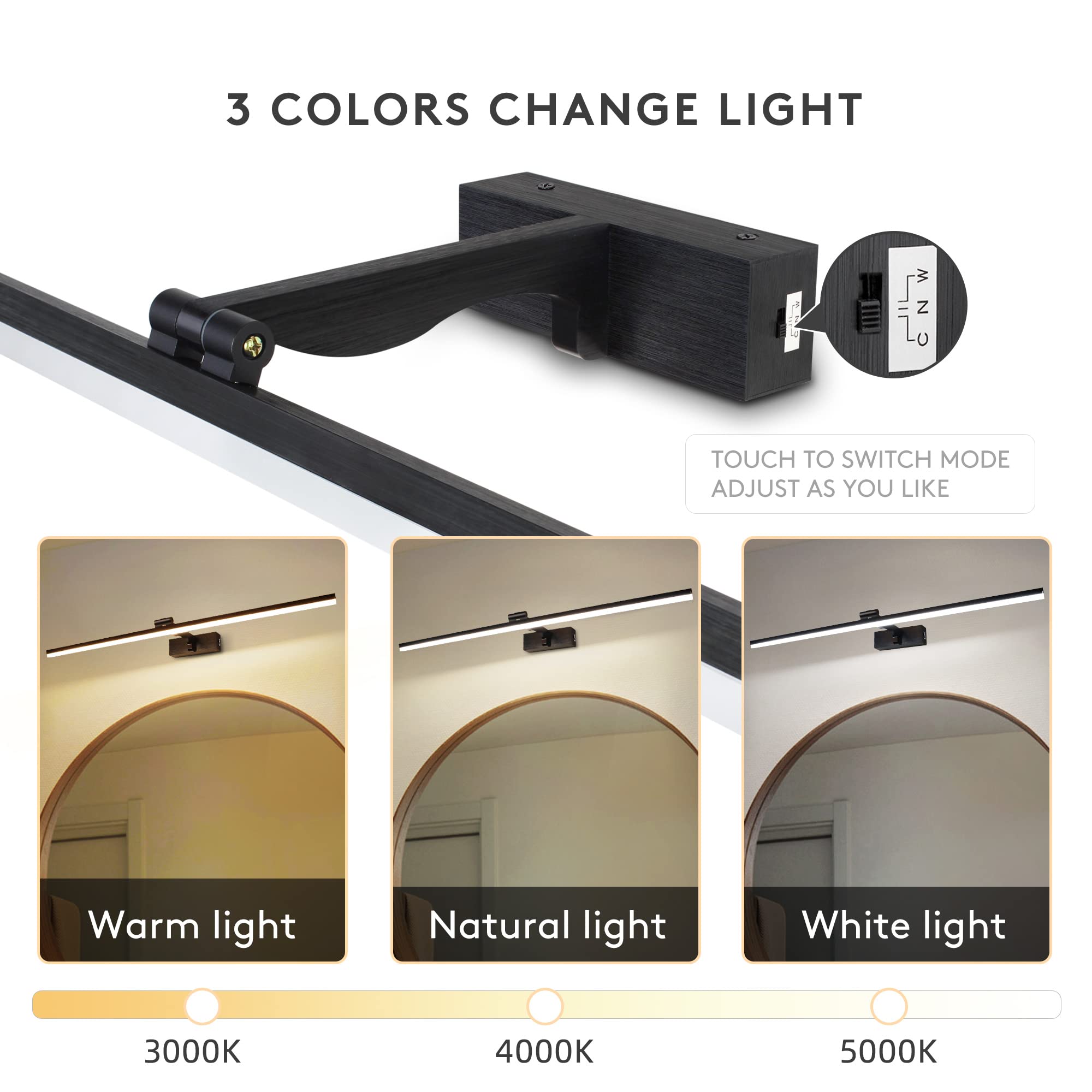 MantoLite Einstellbare Farbtemperatur Bild Wandleuchten, 16W 80CM Schwarz Waschtisch Badezimmer Verstellbarer Wandleuchter Beleuchtung Fixture Nachttisch Kosmetikspiegel Licht 3000K/4500K/6000K