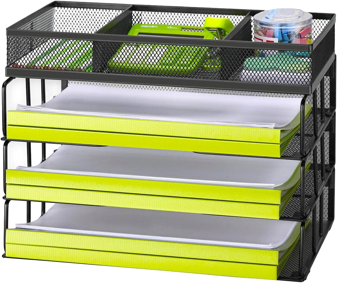 Reliatronic Mesh Office Desk Organizer, Stackable File Letter Tray Organizer Perfect for Home Office, Black