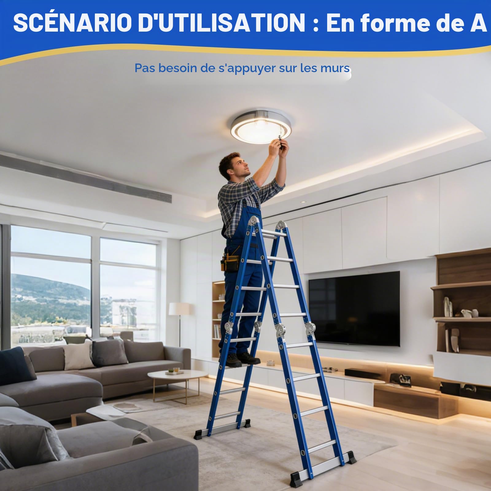 Échelle Multifonction en Aluminium 6 en 1 sans Plateforme Bleu | 4 x 4 Marches, Echelle Pliante 464 cm sans Plateforme, Échelle Polyvalente, Escabeau Pliable, Charge Maximale 150 kg
