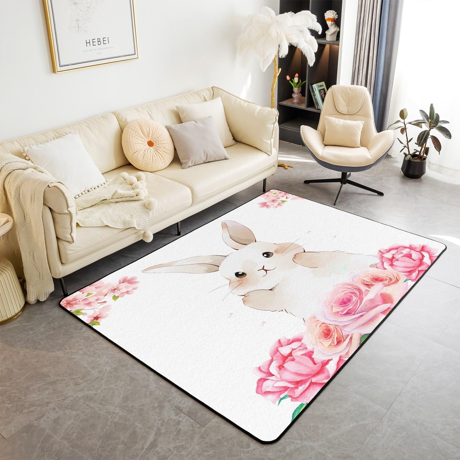Tapis en flanelle douce lapin et fleurs 160x230 cm pour deco de chambre enfant