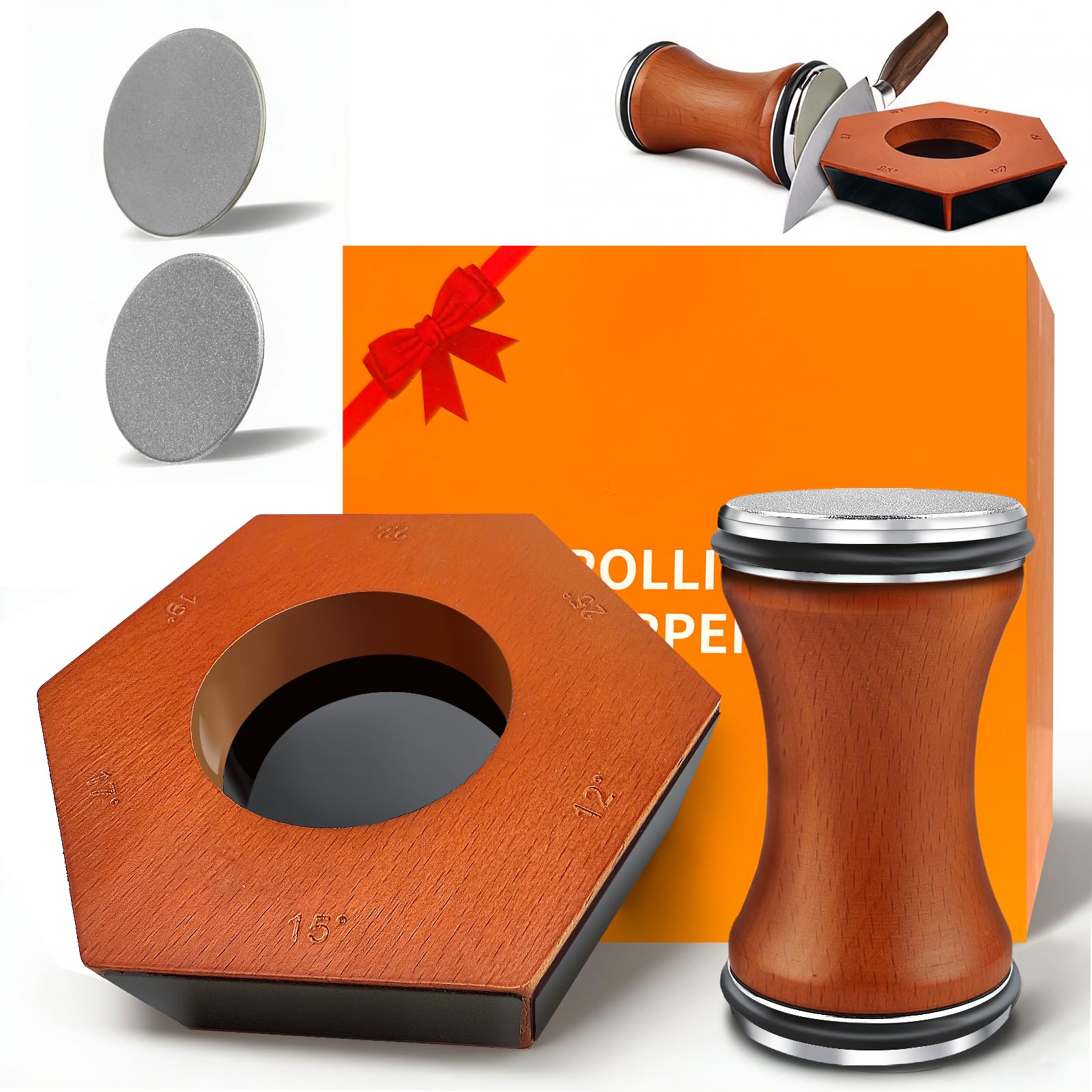 Rollschleifer Messerschärfer 12°/15°/17°/19°/22°/25° Schärfwinkel, Rollschleifer für Messer mit Magnet, Diamant-Schleifstein für jede Stahlhärte, 4 Klingen, rollender Messerschärfer