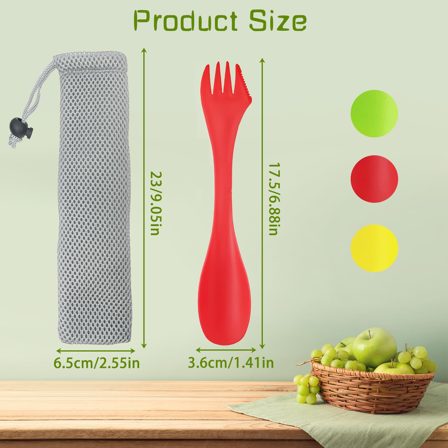 Lot de 3 cuillères-fourchettes en Plastique 3 en 1 pour Le Camping, la randonnée, Les Voyages (Rouge, Vert et Jaune)