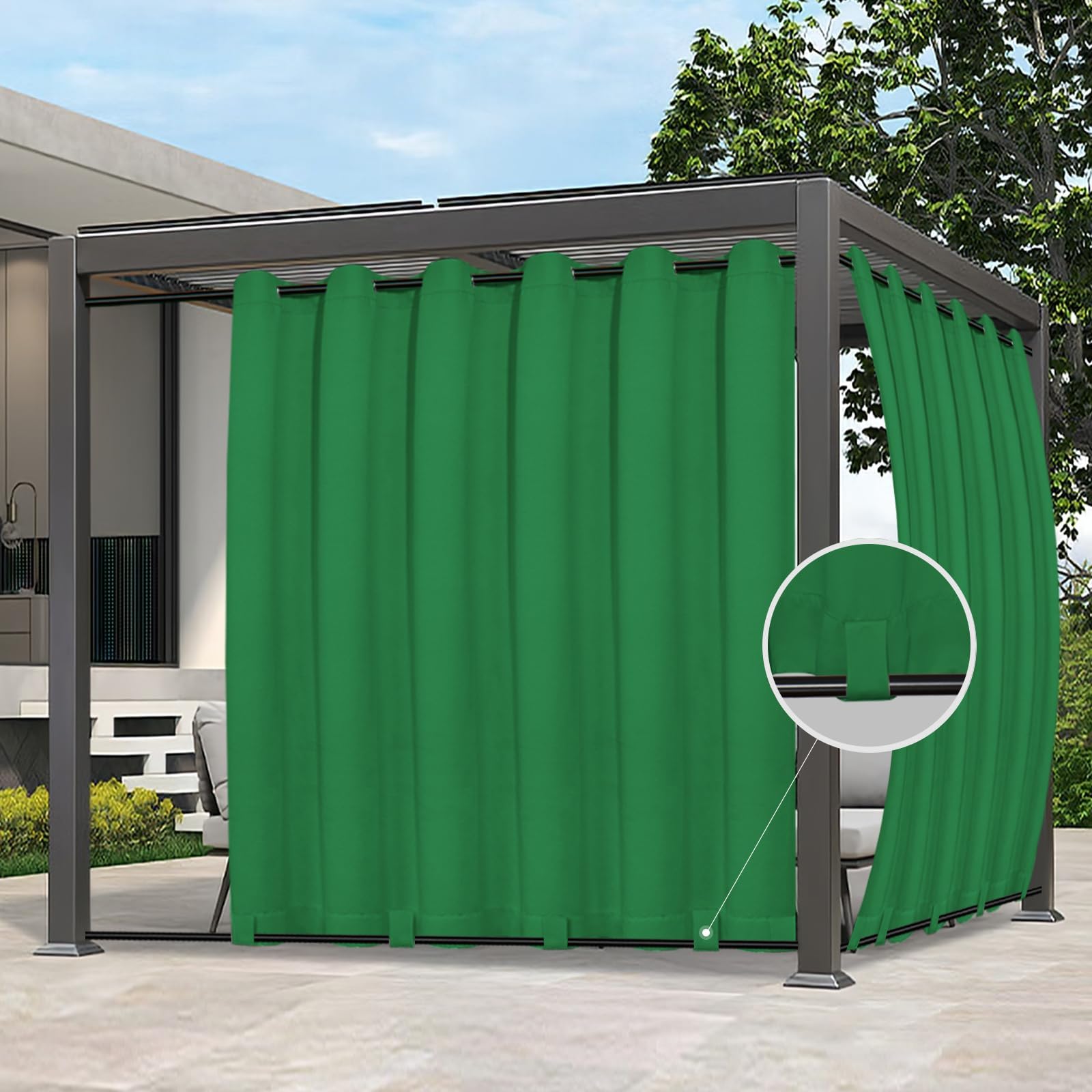 Easy-Going Outdoor Curtains Waterproof Windproof Weatherproof Curtain for Patio, Cabana, Porch, Pergola and Gazebo, Grommet Top and Tab Bottom Drape, 1panel, 110x108 inch, Green