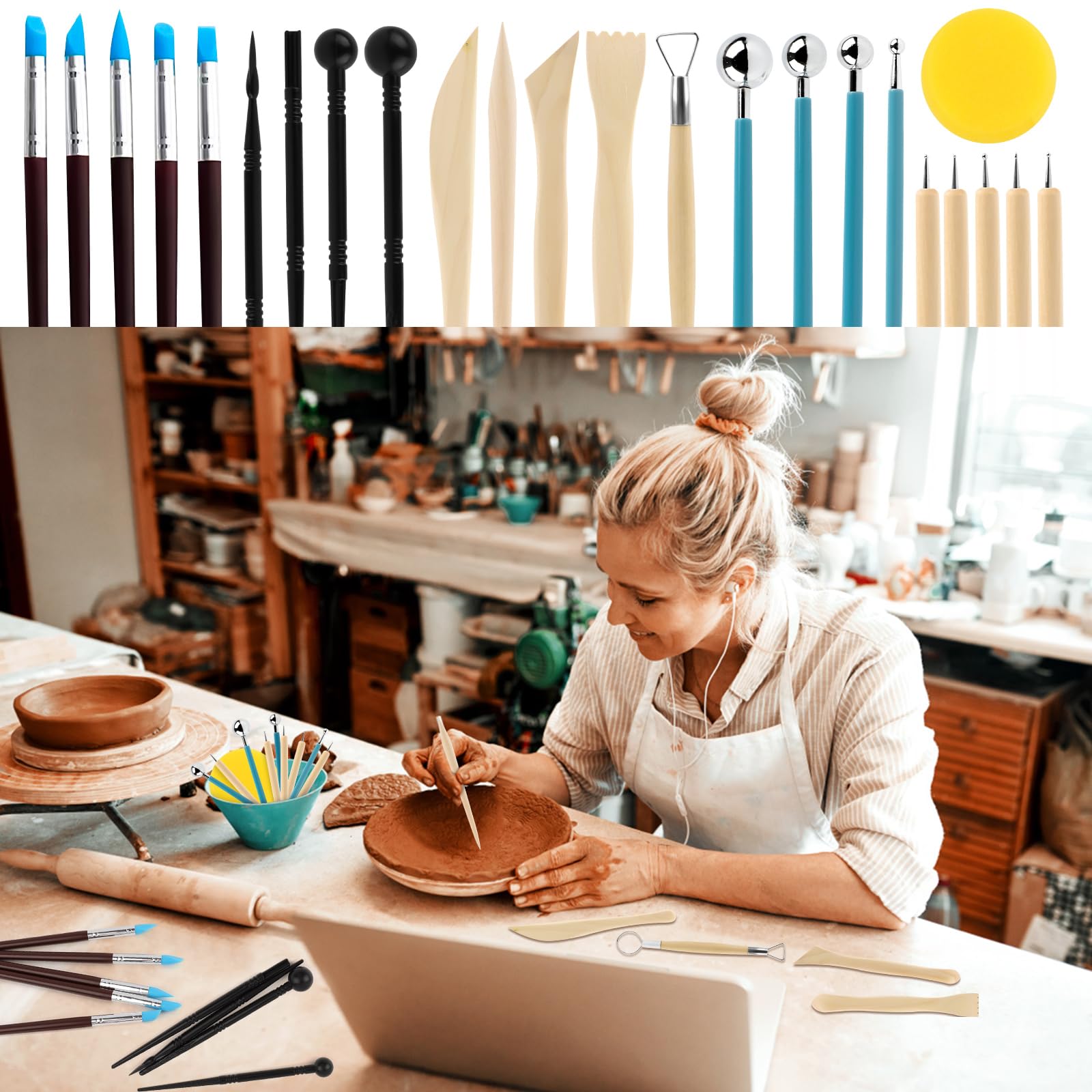 MXTIMWAN 24 Pezzi Strumenti Modellazione Argilla, Strumento per Modellare l’Argilla, Attrezzi Argilla, Attrezzi Ceramica per Intaglio Scultura, Ceramica e Modellazione (24a)