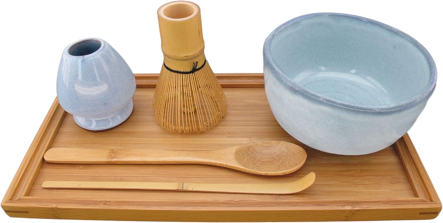 BambooMN Brand - Matcha Bowl Set (Includes Bowl, Rest,Tea Whisk, Chasaku, Tea Spoon & Tray) 10 Sets Shimmering Blue