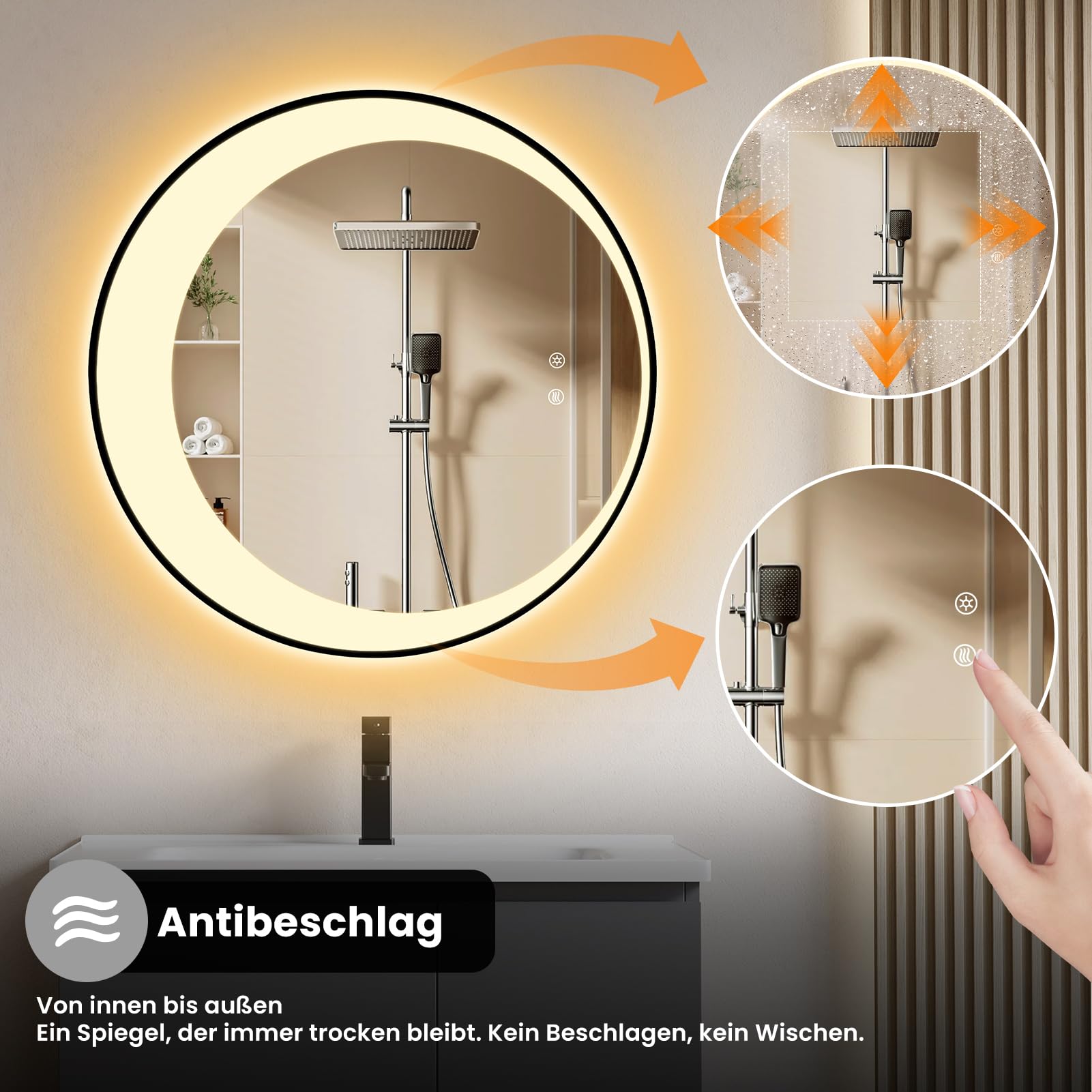 Badspiegel mit LED-Beleuchtung Rund 60x60cm Schwarzer Rahmen