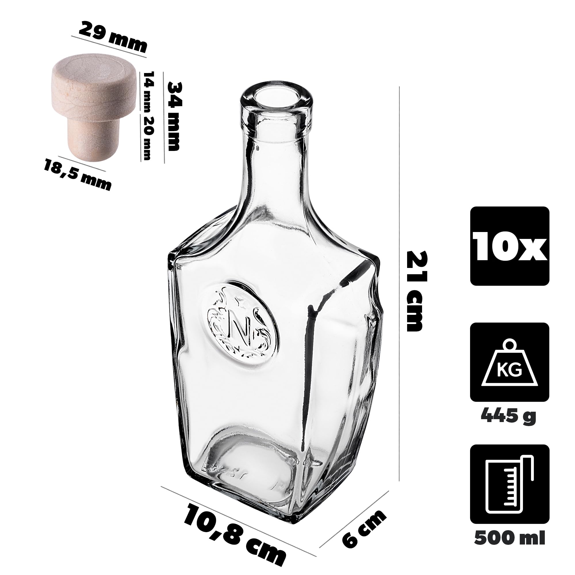 KADAX Lot de 10 Bouteilles en Verre 500ml avec Bouchon en liège – Bouteilles vides à remplir pour Liqueur, schnaps, Huile et vinaigre, idéales pour Cadeaux et Faire Maison