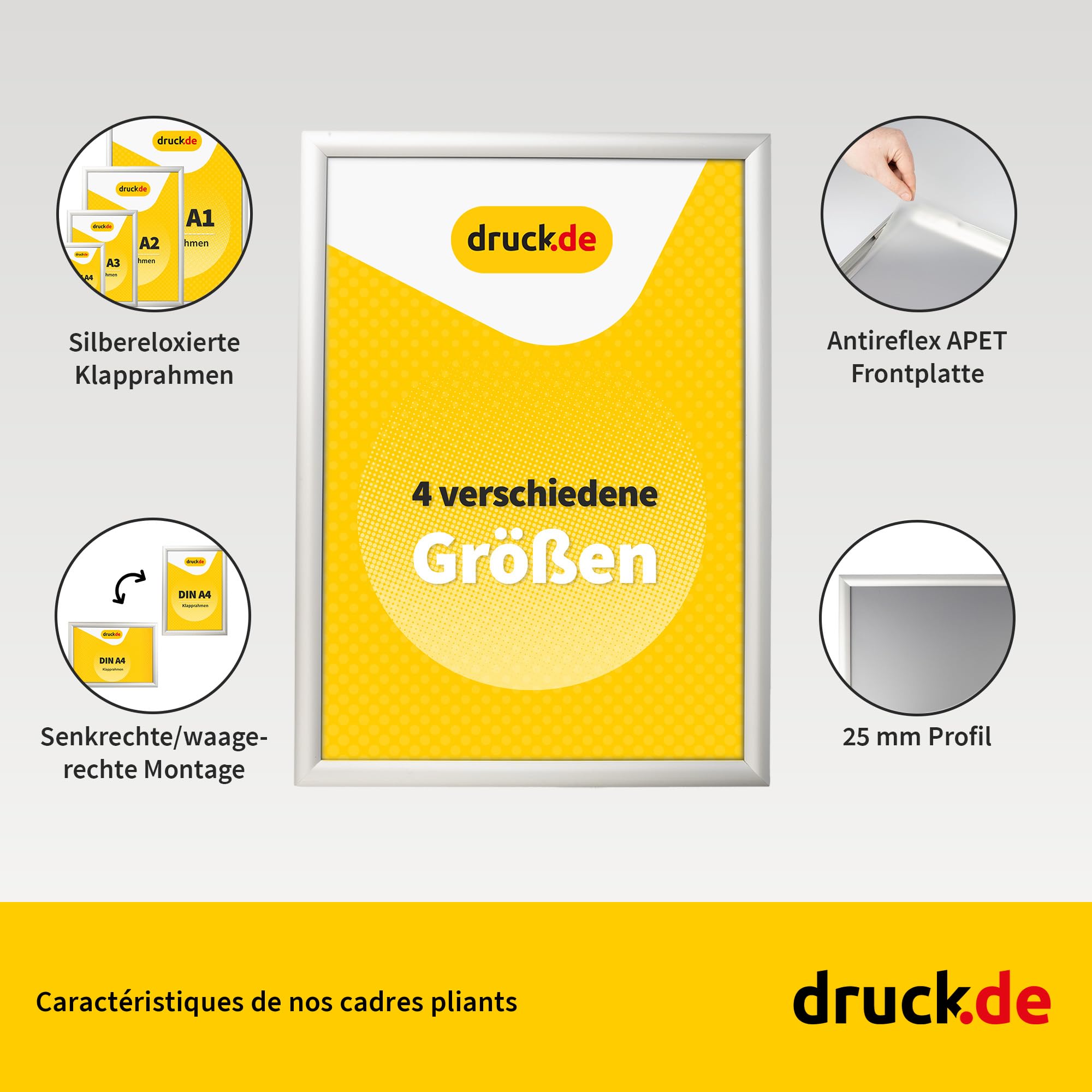 druck.de Lot de 5 cadres encliquetables A1 pour affiches, panneaux d'information, publicité - Cadre en aluminium avec profil de 2,5 cm - Convient pour montage mural - Protection en plastique