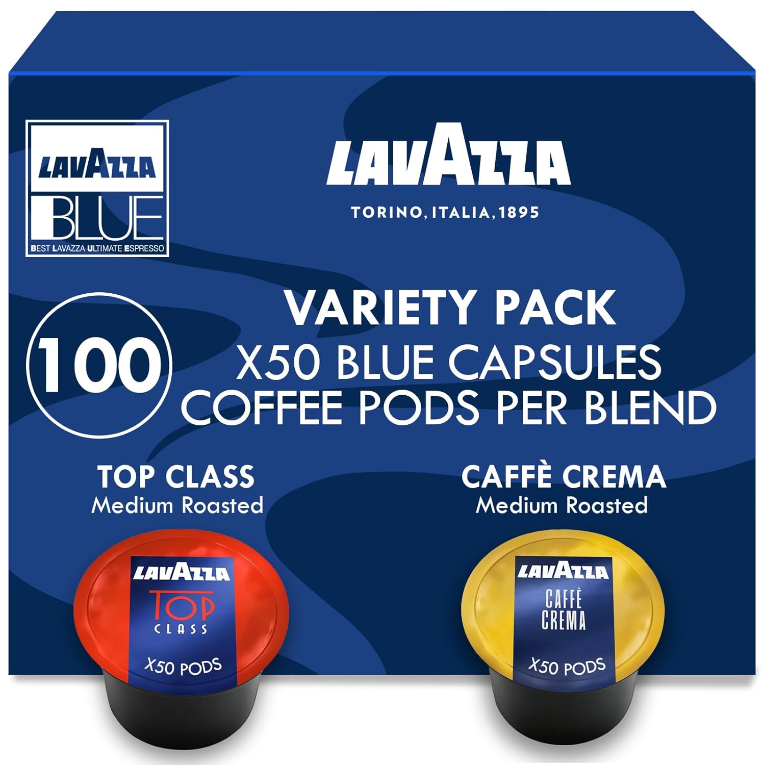 Lavazza Blue Coffee Capsules Variety Pack – 100 Count (50 Pods Each) – Includes Top Class & Caffè Crema Blends – Compatible with Lavazza LB Espresso Machines Only – Premium Italian Coffee