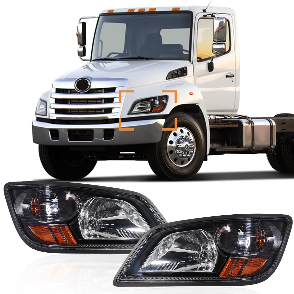 Hpdmauto Headlight fit for 2011+ Hino 238 258 268 338 Truck Left Driver and Right Passenger Side Pair Black Housing Headlamp
