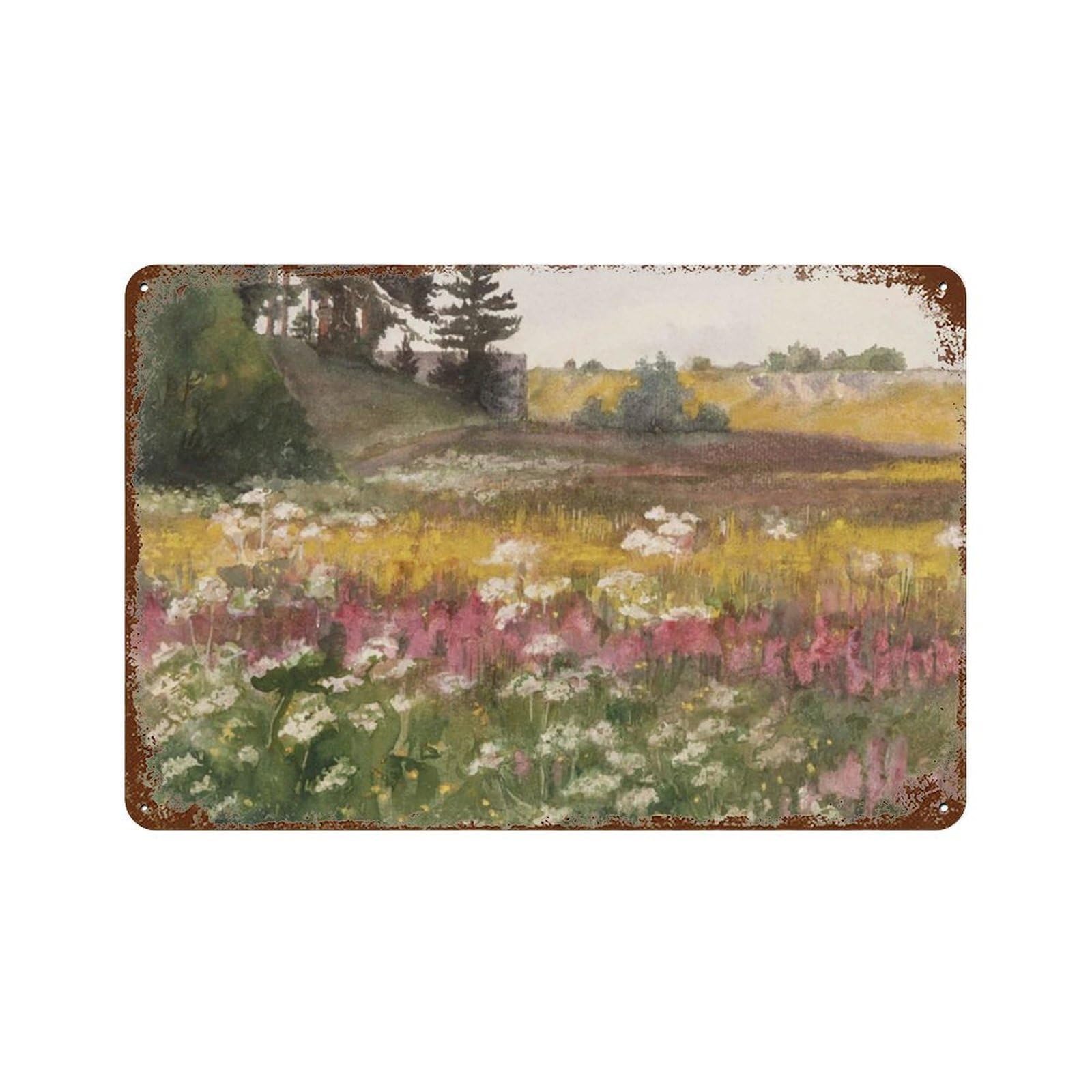 xiaoxiaoshen Vintage Wildflower Field Painting_ Country Meadow Landscape Wall Decor Art Metal Tin Poster Modern Home Decor Art Home Bar Shop Decorations Vintage Sign 20x30cm