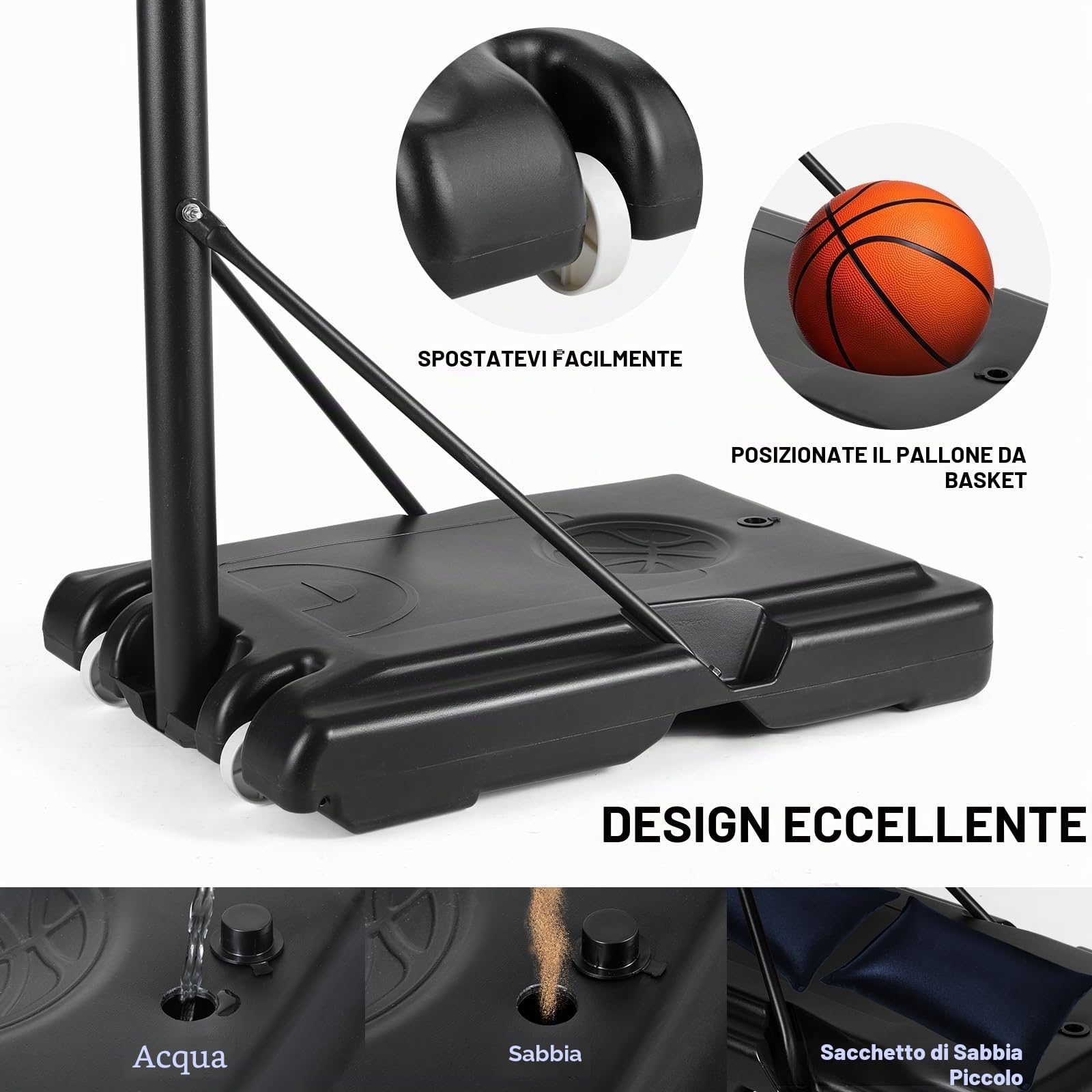 Canestro da Basket Esterno 135-305cm - Professionale Regolabile in Altezza per Esterno ed Interno Con Ruote e Supporto per Pallone - per Parco, Casa e Giardino