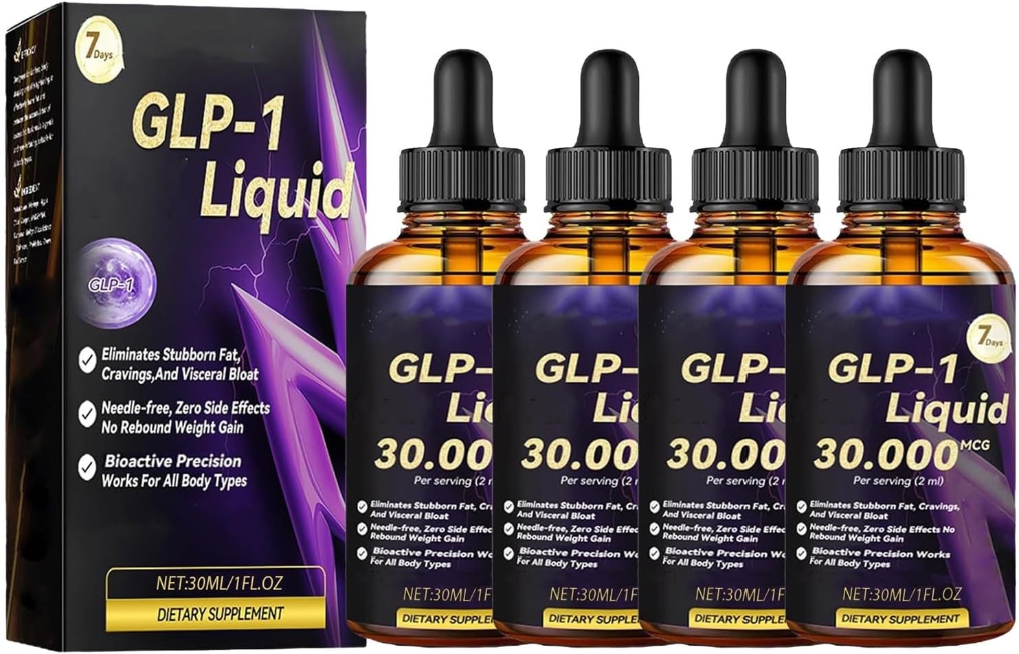 Dormorna GLP-1 Liquid Slimming Drops Easy Weight Loss Plasticity Supplement Peptide Complex Serums Natural Plant Extract Concentrate Peptides Complex Serums Drops for Women and Men Unisex 30ML(4PCS)