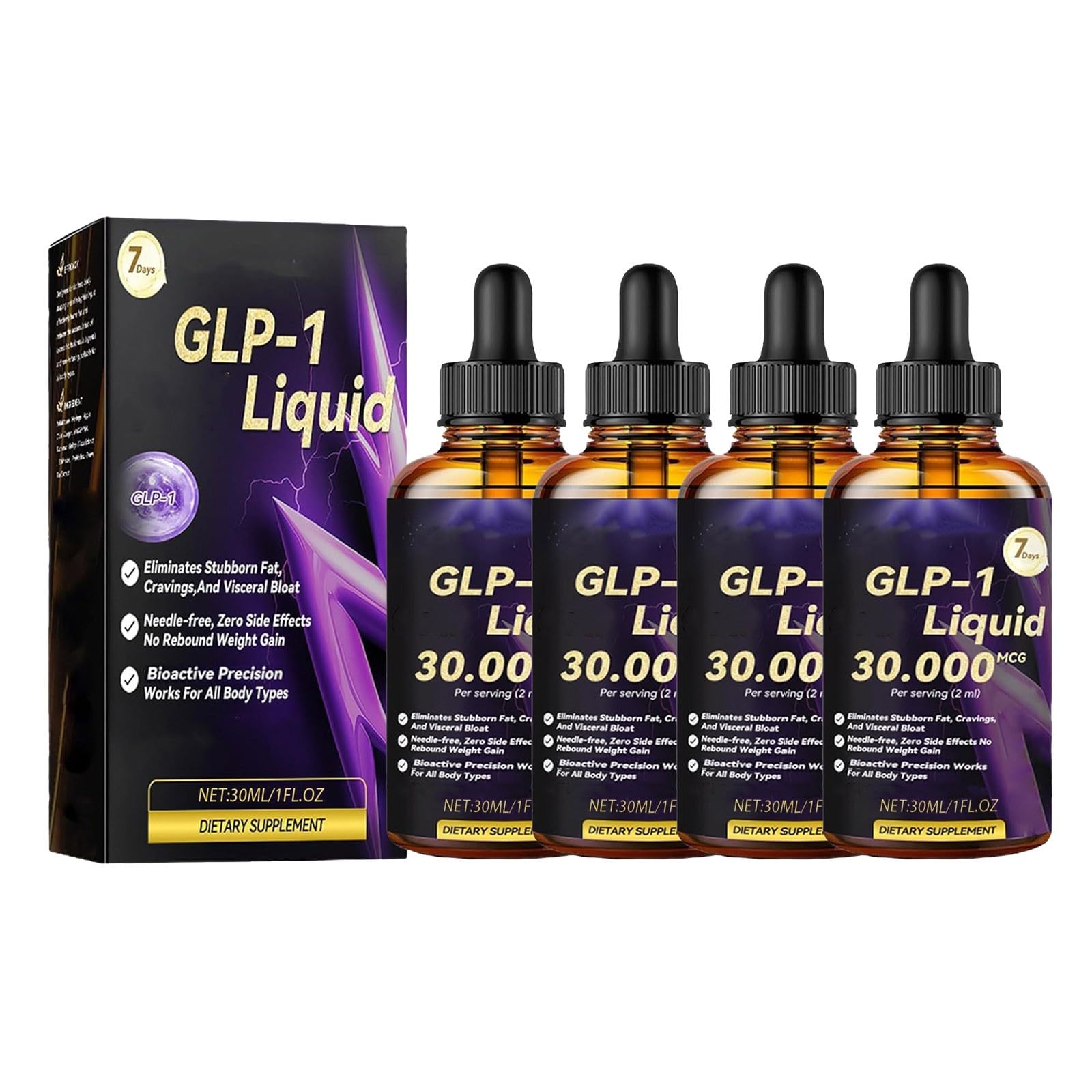 Dormorna GLP-1 Liquid Slimming Drops Easy Weight Loss Plasticity Supplement Peptide Complex Serums Natural Plant Extract Concentrate Peptides Complex Serums Drops for Women and Men Unisex 30ML(4PCS)