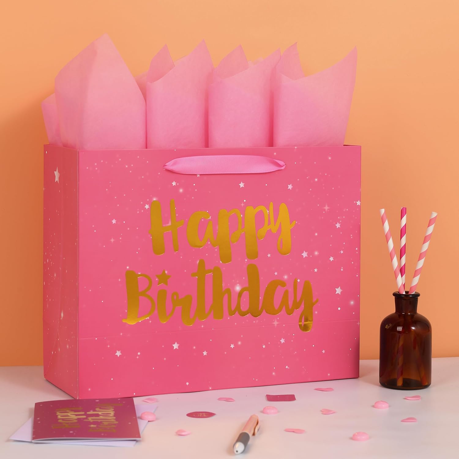 Qirrmiy 13" Large Pink Gift Bag Set with Greeting Card and Tissue Papers (Stars and Gold Foil ‘Happy Birthday’) for Women's Party, Girls' or Kids' Birthday Parties, Baby Girl, 13”x5.2”x10.2”, 1 Pcs.