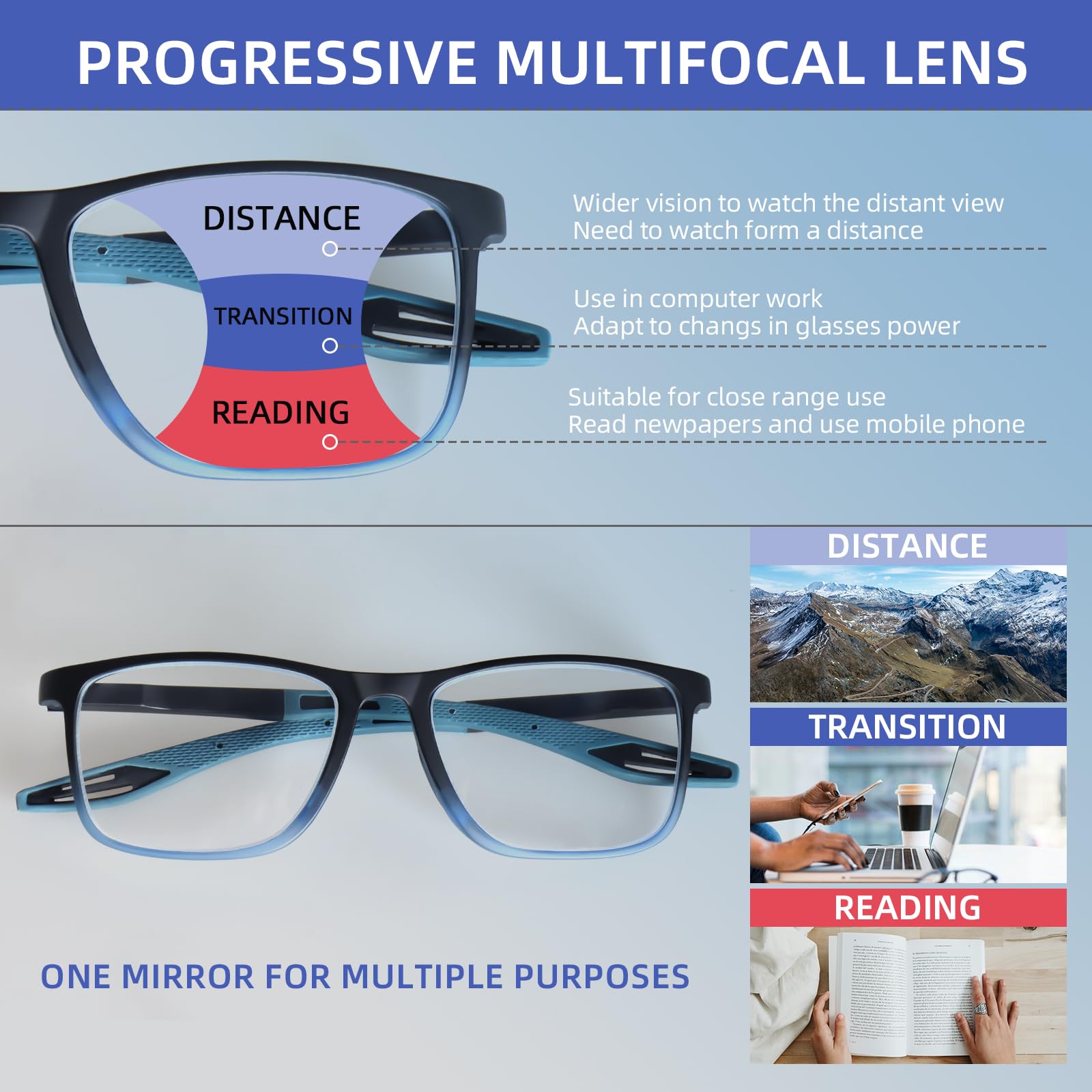 BLOEXCLU - 4er Pack Progressive multifokale Lesebrille für Damen und Herren, Sportstil TR90, mit Blaulichtfilter für Computer (Rot, Blau, Schwarz und Transparent, 1 Stück)