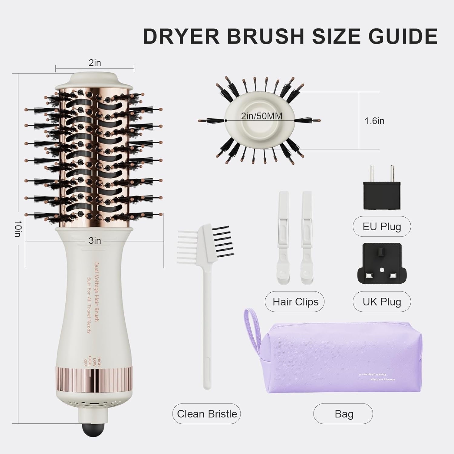 4-in-1 Travel Dual Voltage Hair Dryer Brush Blow Dryer Brush,Portable 2 inch Mini Hot Air Brush,Travel Hair Styler/Volumizer/Straightener/Curler,110-240V European Blow Dry Brush with EU&UK Plug