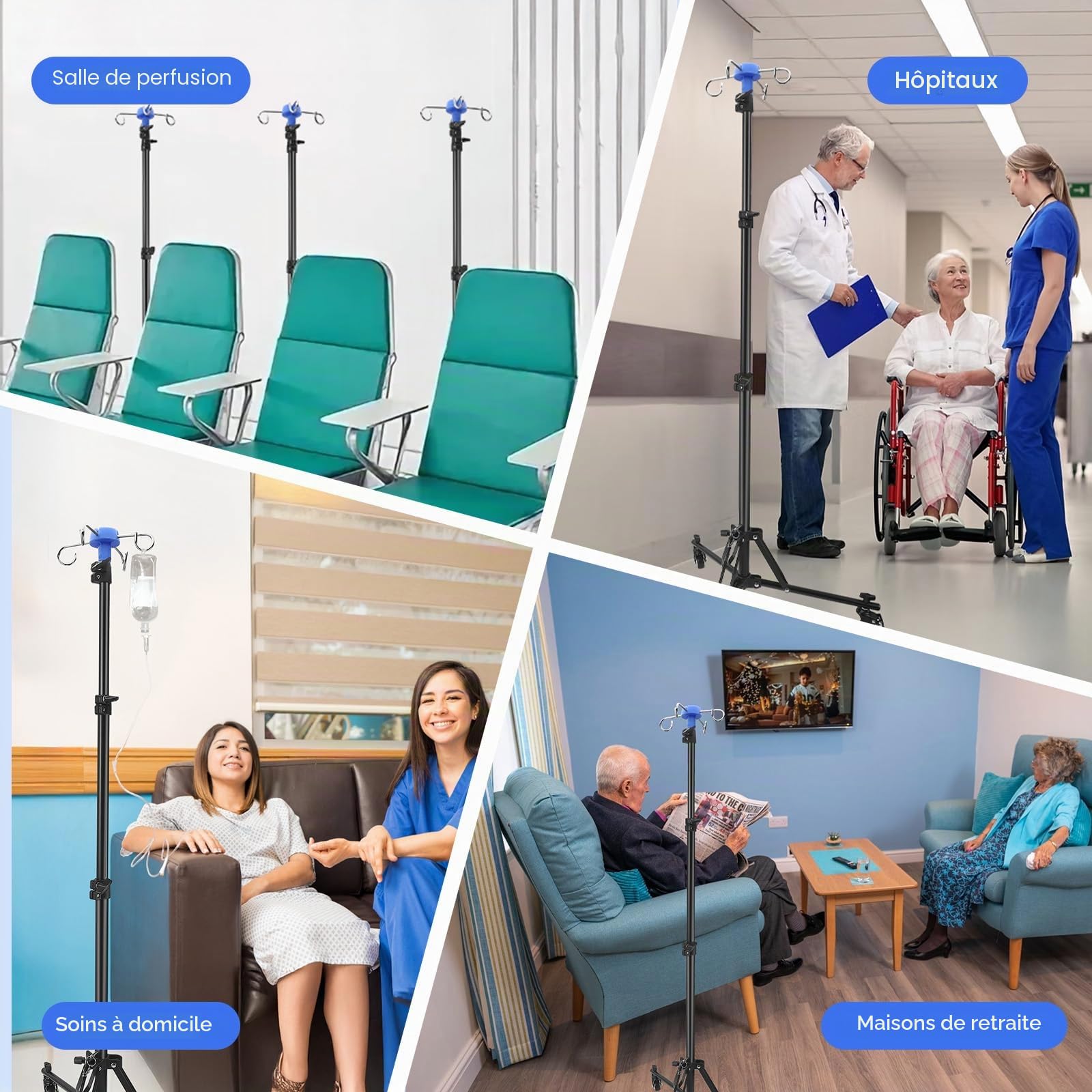 Support Perfusion Mobile Pliable, Potence Perfusion Réglable 85-190 cm avec roulettes à 360° et Freins, Pied à Perfusion 4 Crochets en Alliage d'Aluminium pour Hôpital et Soins à Domicile