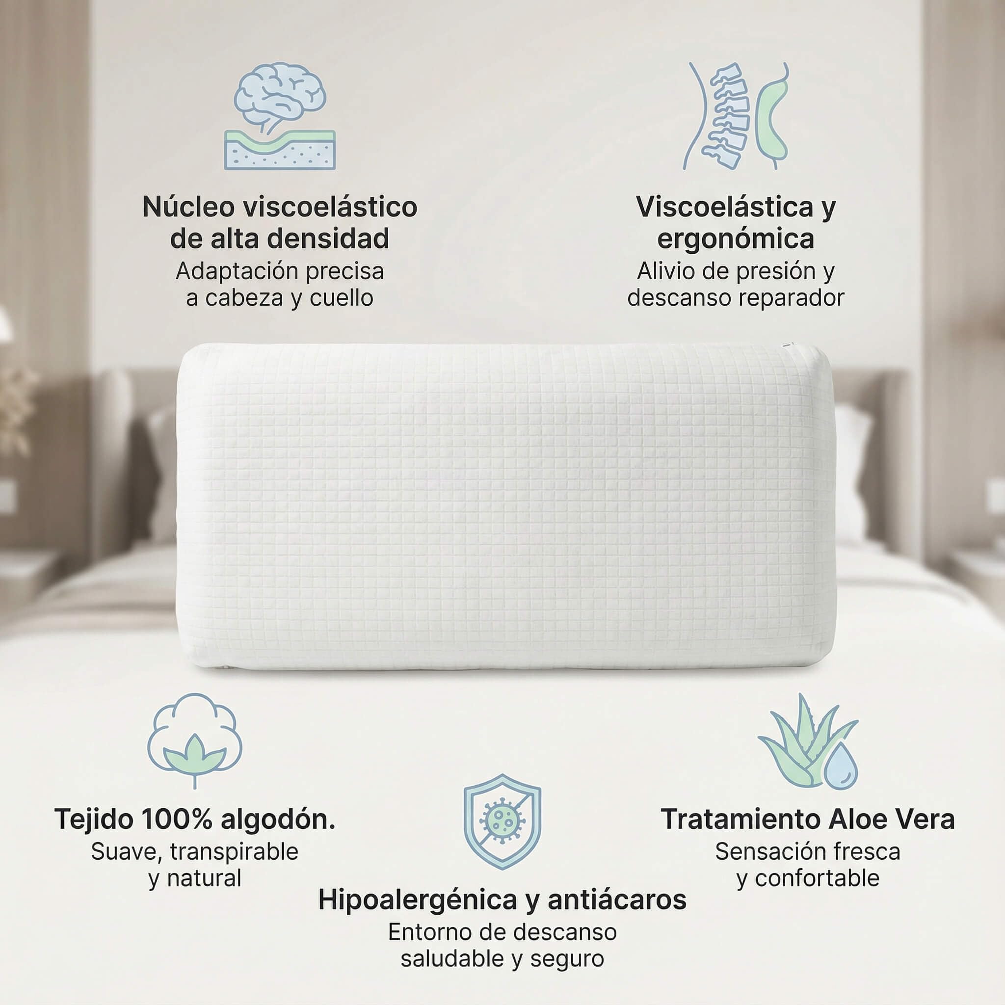 Velfont Almohada Viscoelástica con Aloe Vera, Doble Funda 100% Algodón, Alta Densidad, Firmeza Media, con Cremallera, para Soporte Cervical y Ergonómico (75 cm)