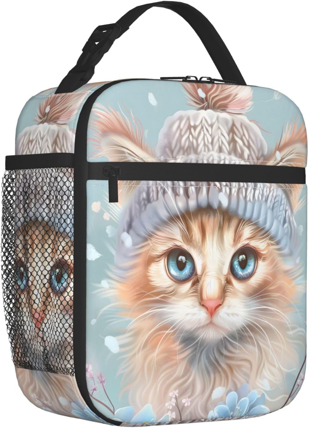 Adorable Cat Lunch Box for Women Girls, Insulated Cooler Cute Kitten in Knitted Hat Lunch Bag for School, Picnic, Office, Work, Travel, Portable Thermal Reusable Tote Polyester Lunch Bags image 3