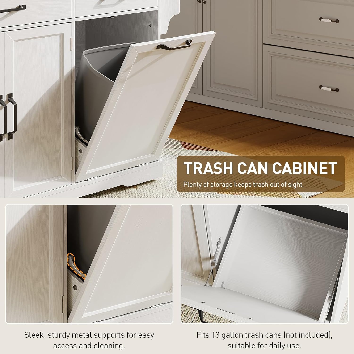 Trash can cabinet with a 13-gallon trash bin inside