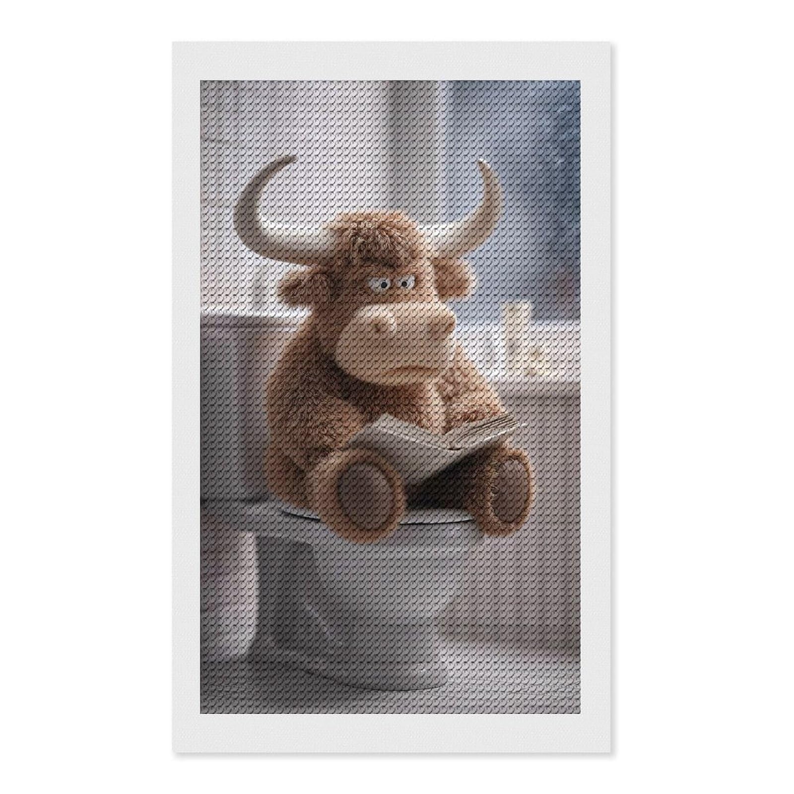 Junmoney Plush Highland Cow Reading on Toilet Round Drill Diamond Painting 12"x20", Satisfying Creative Project, Complete Accessories, Printed Canvas