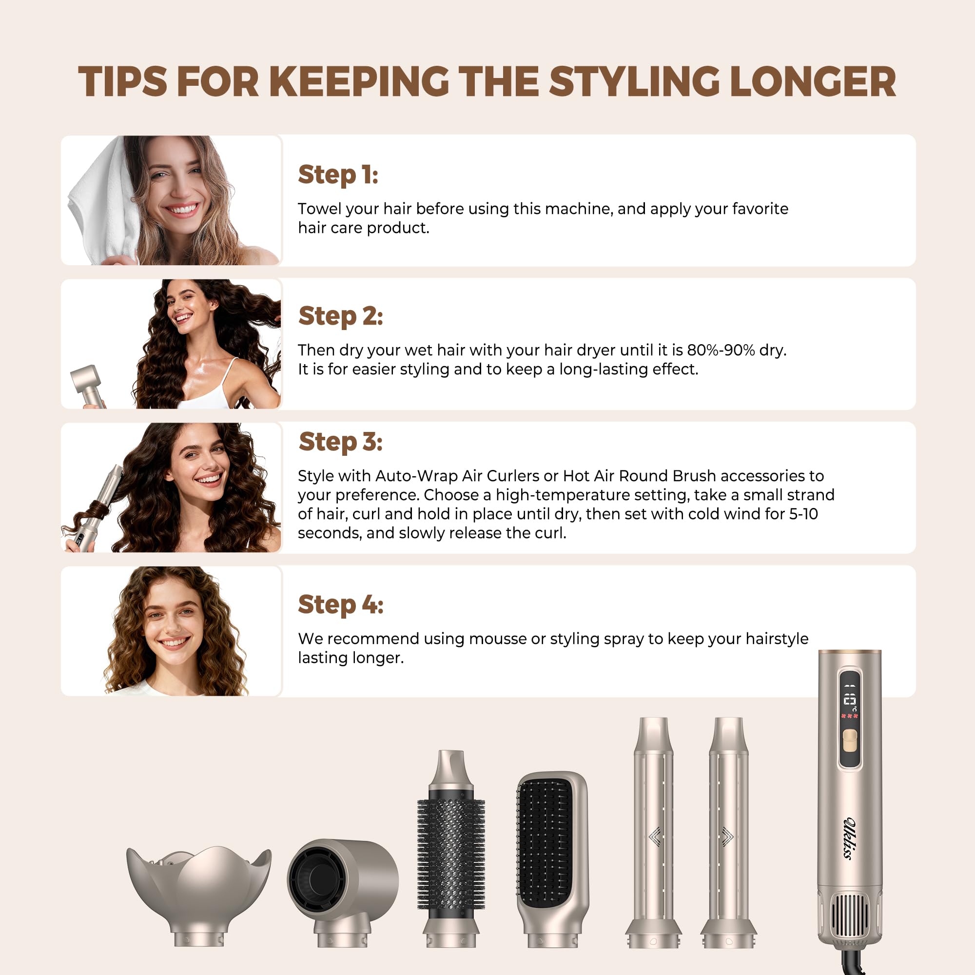 UKLISS Seche Cheveux 6 en 1 Hair Styler avec LCD-Display | Brosse Soufflante Brushing Hairstyler Boucleur a Cheveux Hair Dryer Airbrush Brosse Lissante | Cadeaux pour Femmes Styling - Gold