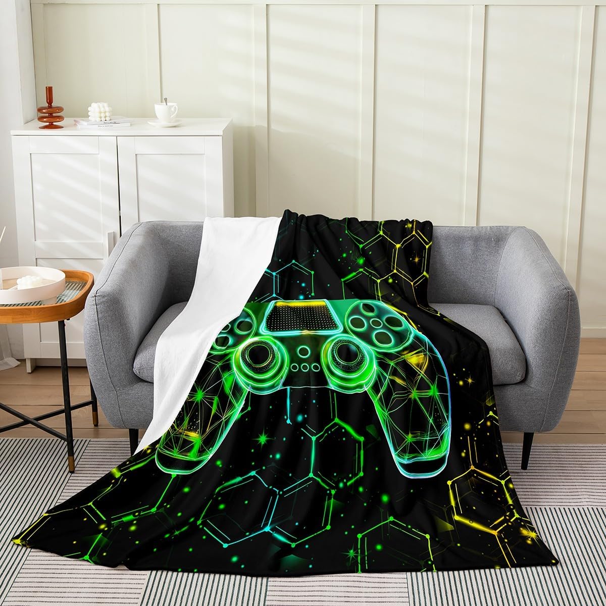 Honeycomb Gamepad Kids Flannel Blanket,Neon Geometric Hexagon Throw Blanket,Video Gaming Controller Gamer Console Cozy Throws for Bed Couch Sofa,Green Soft and Breathable,40 x 50 Inches image 2