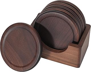 Mu&Ti Classic Walnut Dark Coaster Set of 6 Pieces. Including The Holder Pure Natural Wood and Texture. Wonderful Decor for Dining Tables and Office Tables