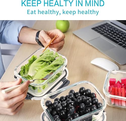 Miniatura 7 de Skroam Paquete de 10 recipientes de vidrio para preparación de comidas, recipientes herméticos de vidrio de 22 onzas con tapas, recipientes de