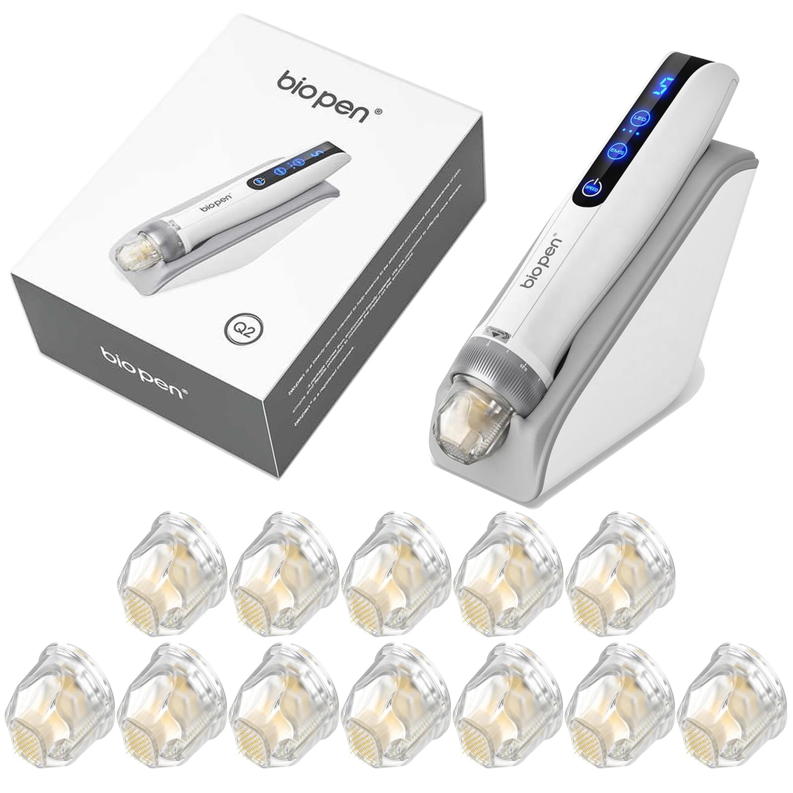 Bio Pen Q2 - Set di penne wireless per la cura della pelle, con 12 cartucce di ricambio (12 x 25 pin), display LED, 5 livelli di velocità, funzione EMS, strumento di bellezza ricaricabile per viso